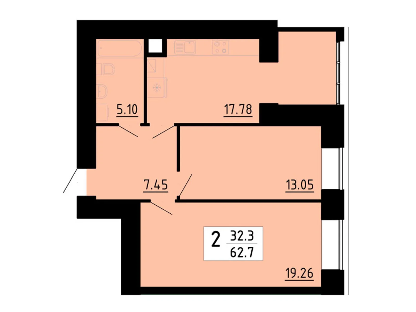 2-комнатная квартира 62.7 кв. м в Тернополе, ул. Академика Сергея Королева