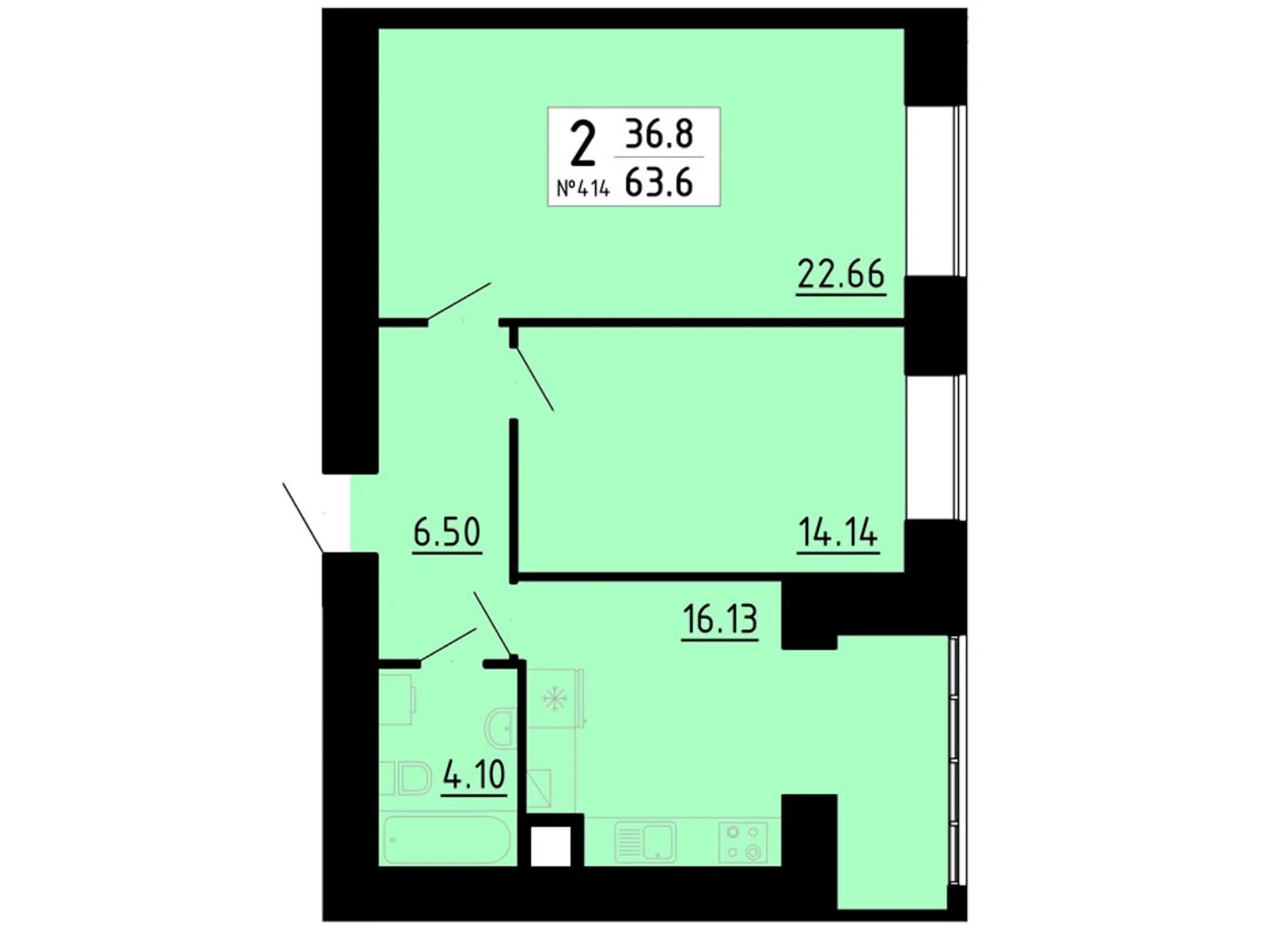 2-комнатная квартира 63.8 кв. м в Тернополе, ул. Академика Сергея Королева