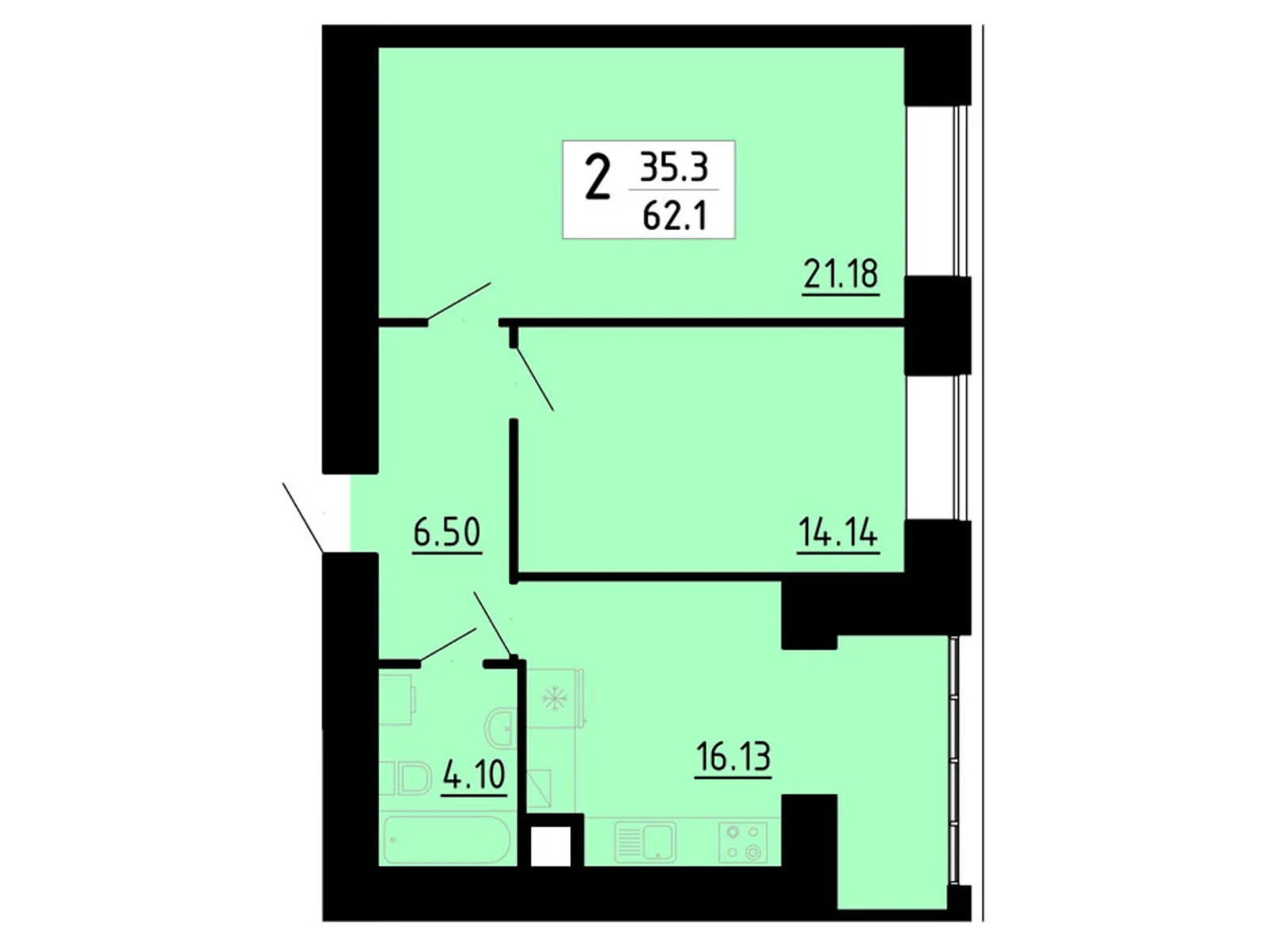 2-комнатная квартира 62.1 кв. м в Тернополе, ул. Академика Сергея Королева