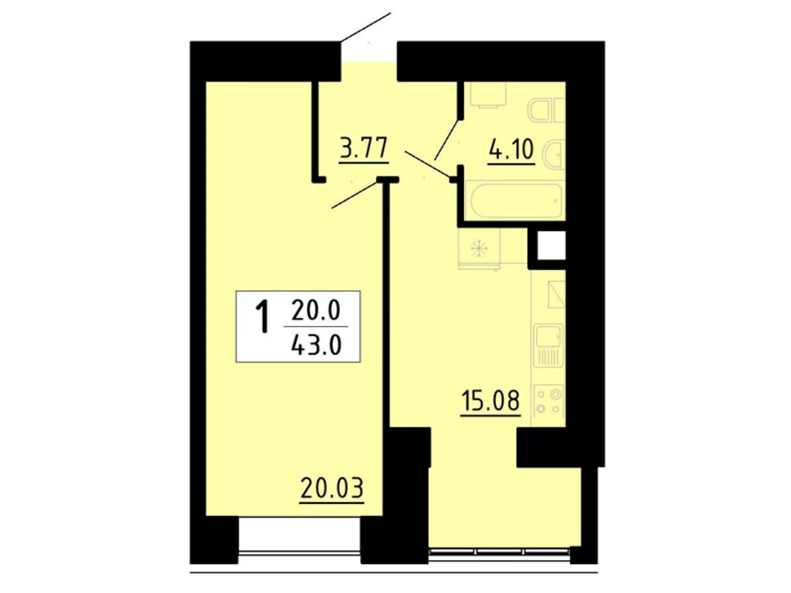 1-комнатная квартира 43 кв. м в Тернополе, ул. Академика Сергея Королева