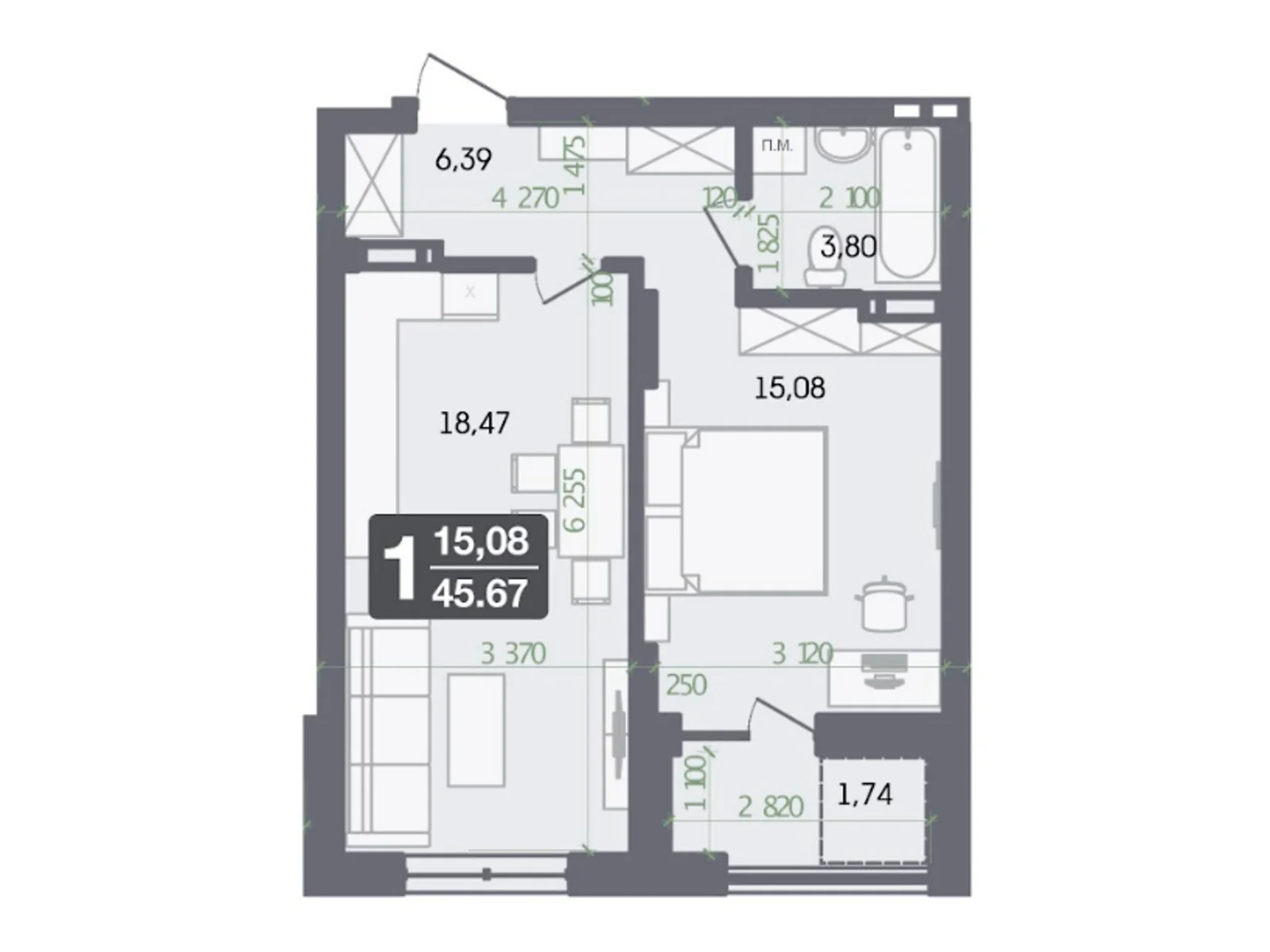 Продается 1-комнатная квартира 45.67 кв. м в Винниках, ул. Галицкая, 32