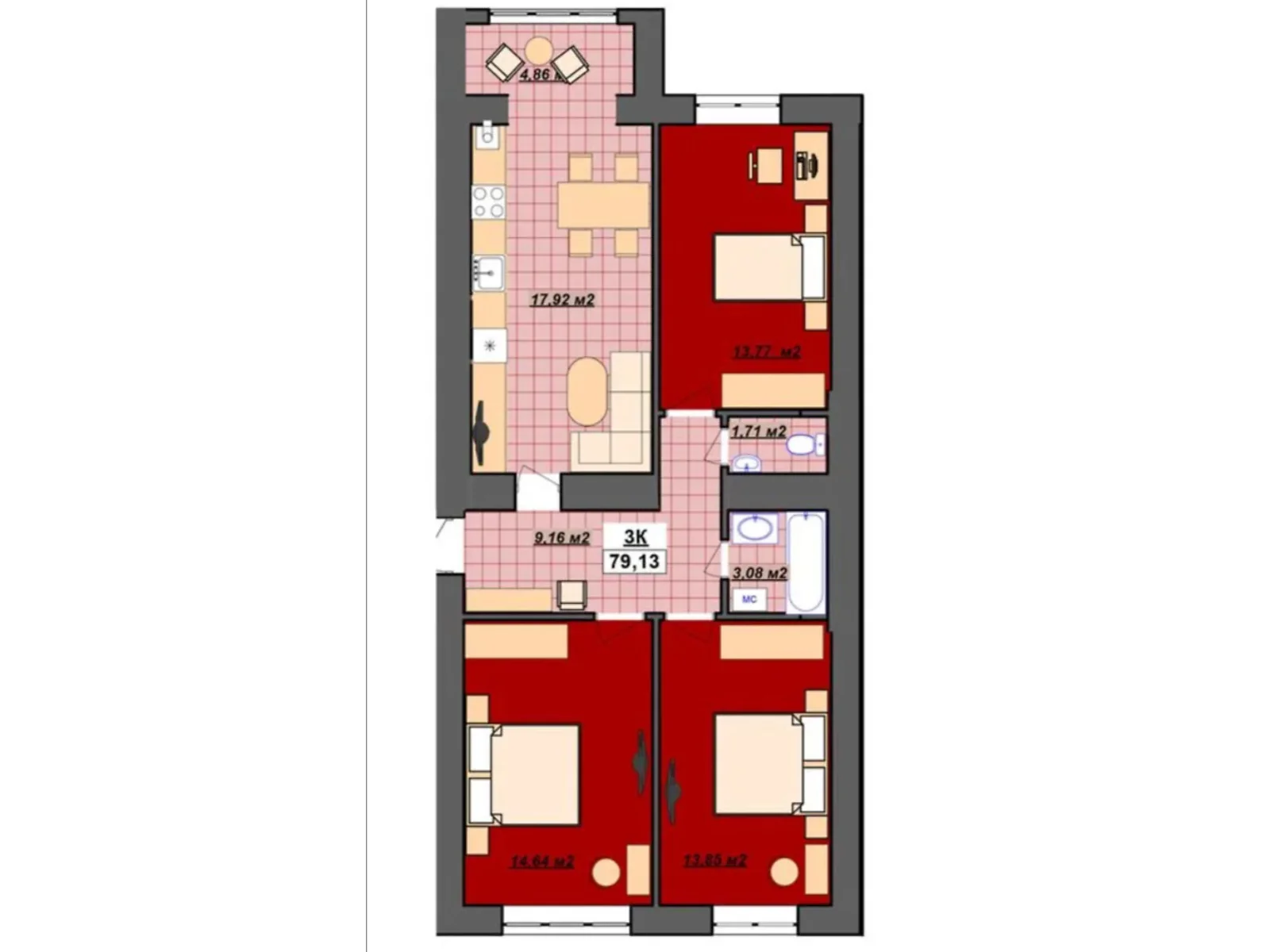 Продается 3-комнатная квартира 81.1 кв. м в Ивано-Франковске, ул. Хмельницкого Богдана - фото 1