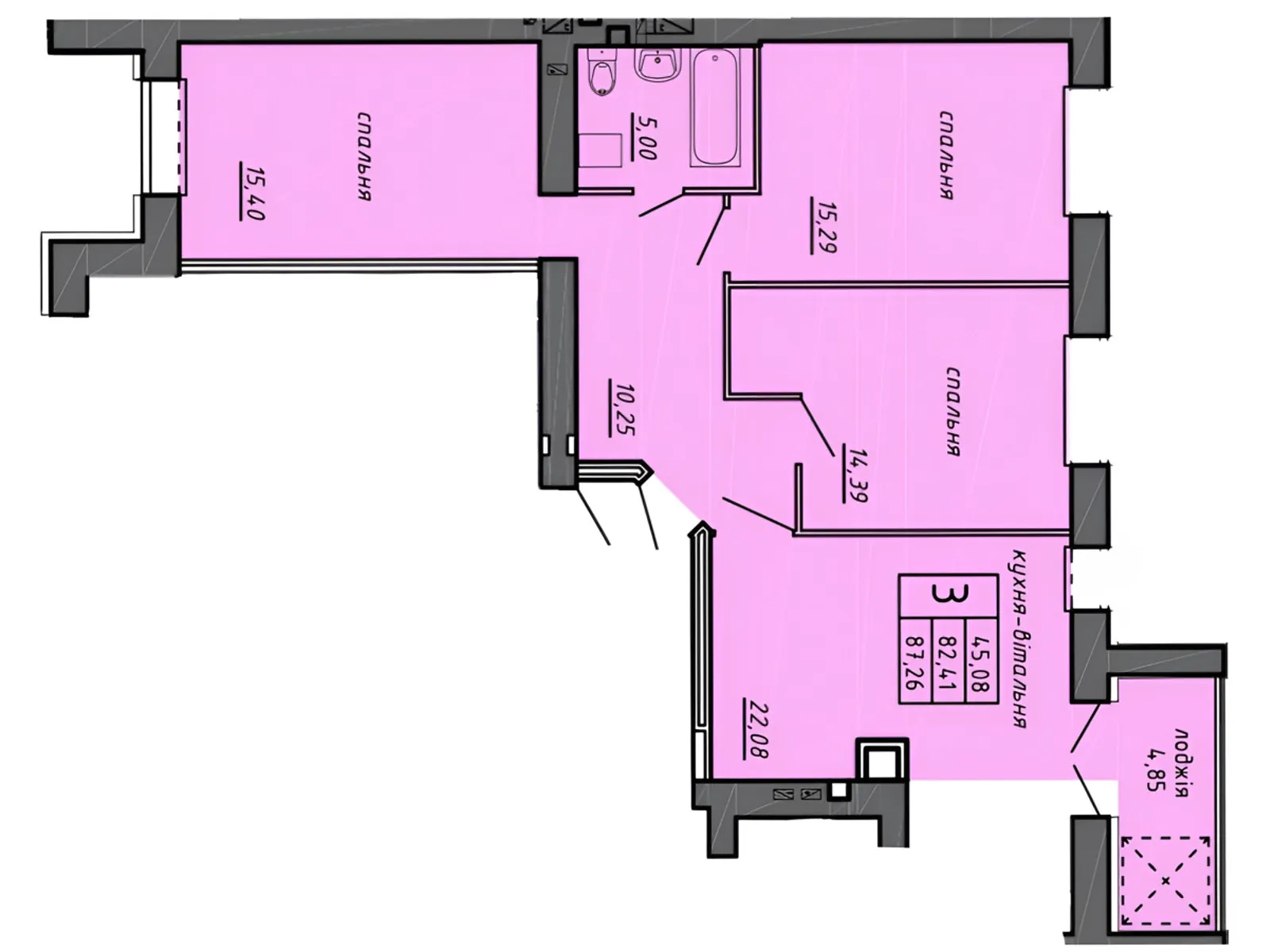 3-комнатная квартира 87.26 кв. м в Тернополе, ул. 15-го Апреля - фото 1