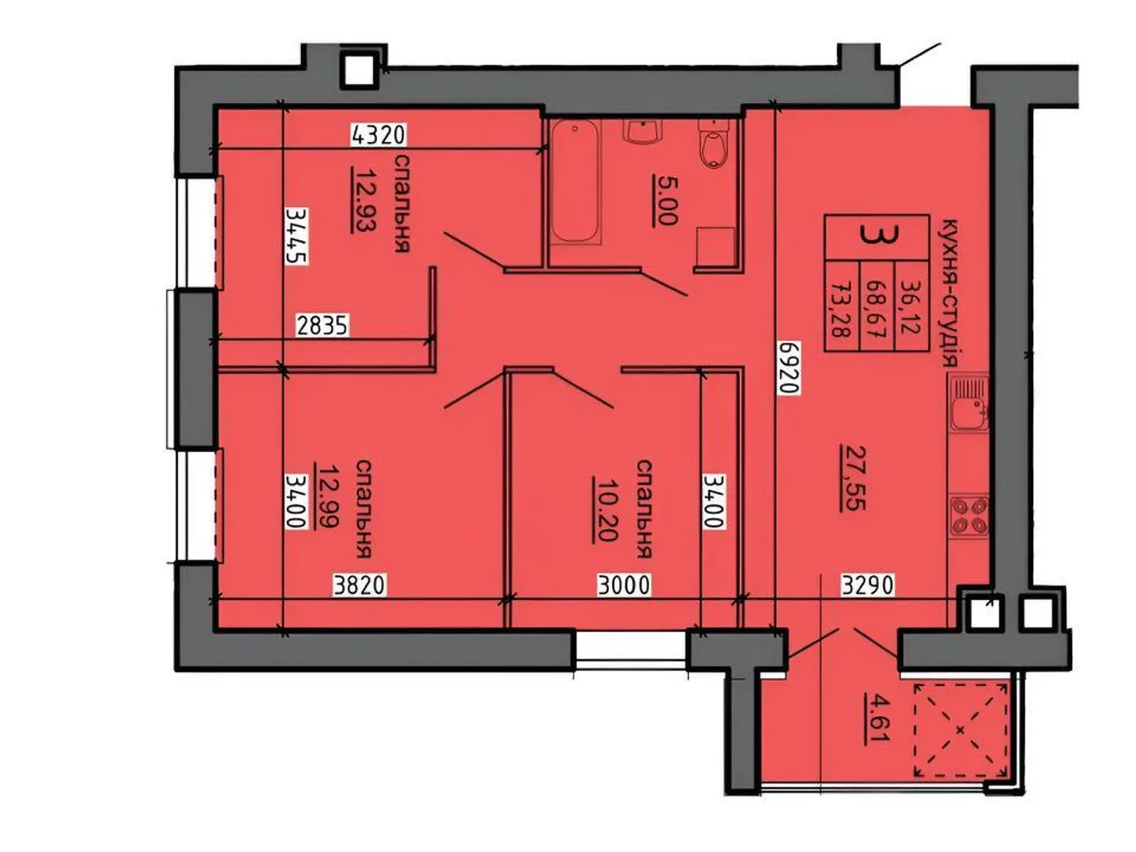 3-комнатная квартира 73.28 кв. м в Тернополе, ул. 15-го Апреля - фото 1