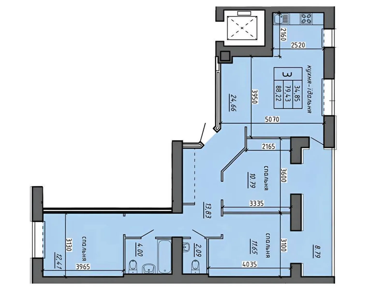 3-комнатная квартира 88.22 кв. м в Тернополе, ул. 15-го Апреля