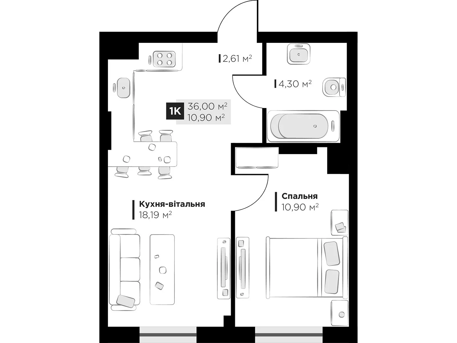 Продается 1-комнатная квартира 36 кв. м в Винниках - фото 1