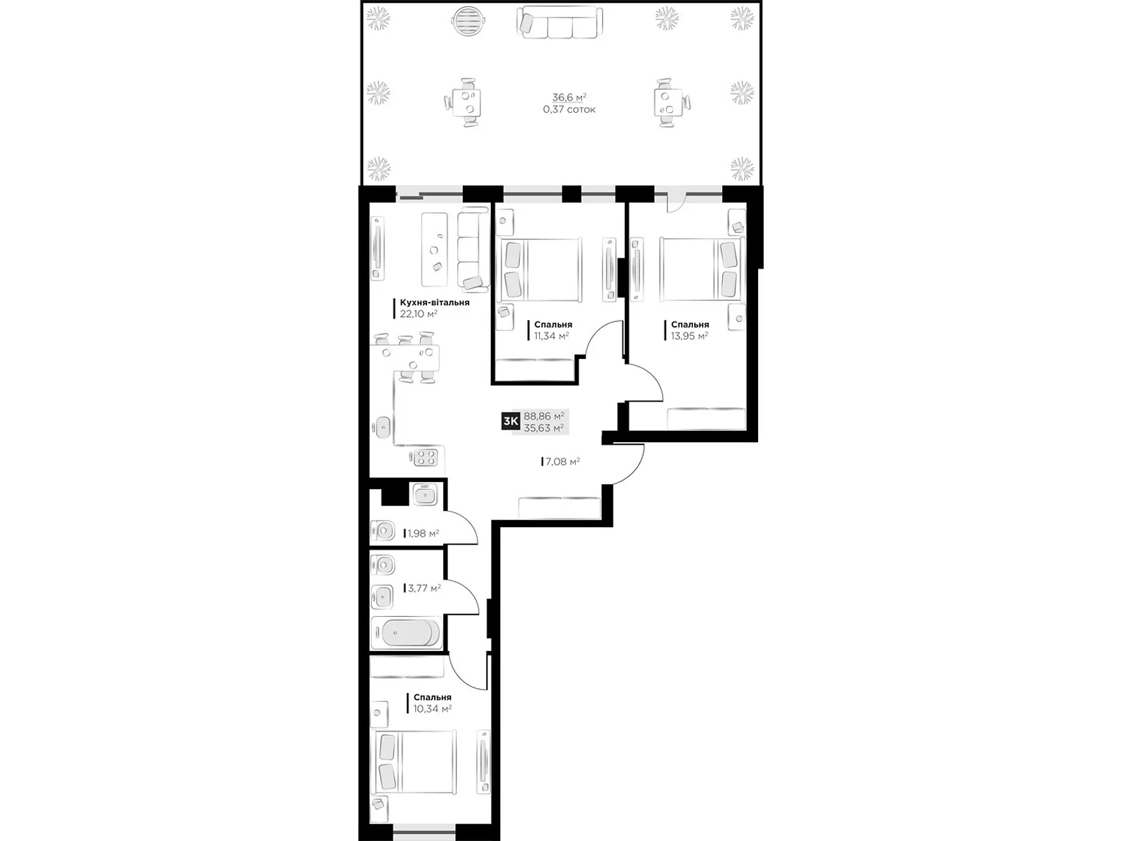 Продается 3-комнатная квартира 88.86 кв. м в Винниках, ул. Галицкая