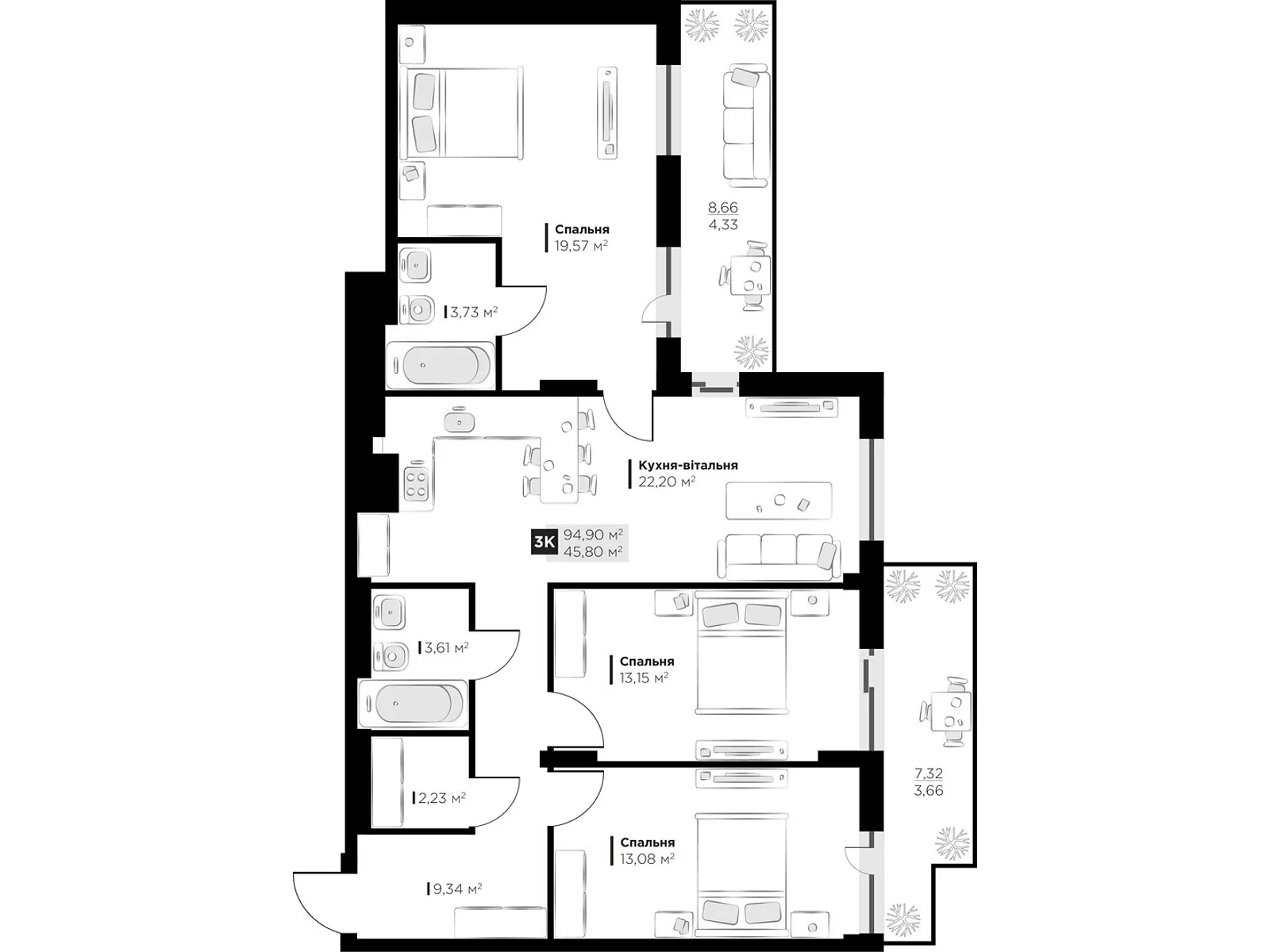 Продается 3-комнатная квартира 94.9 кв. м в Винниках, ул. Галицкая - фото 1