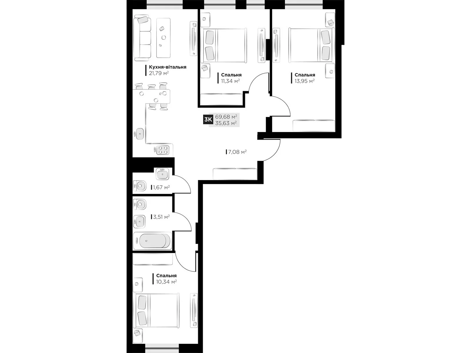 Продается 3-комнатная квартира 69.68 кв. м в Винниках, ул. Галицкая - фото 1