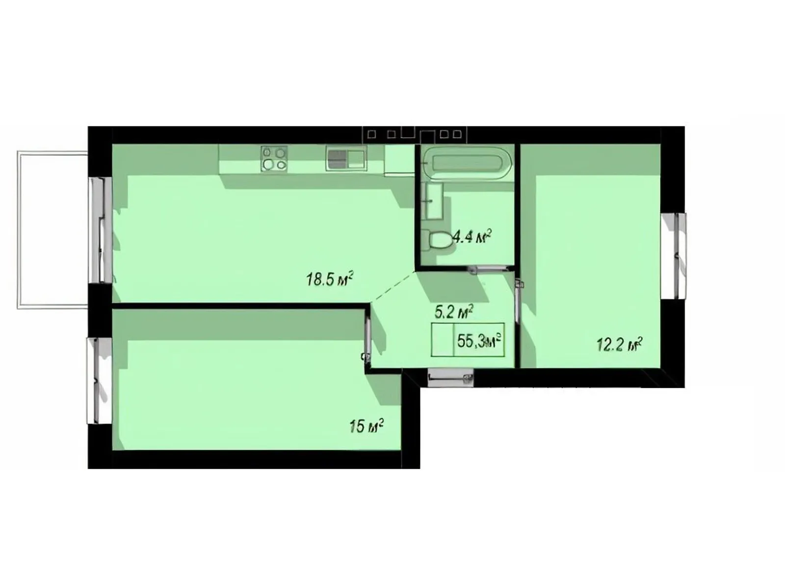 2-комнатная квартира 55.3 кв. м в Тернополе, біля Берегині