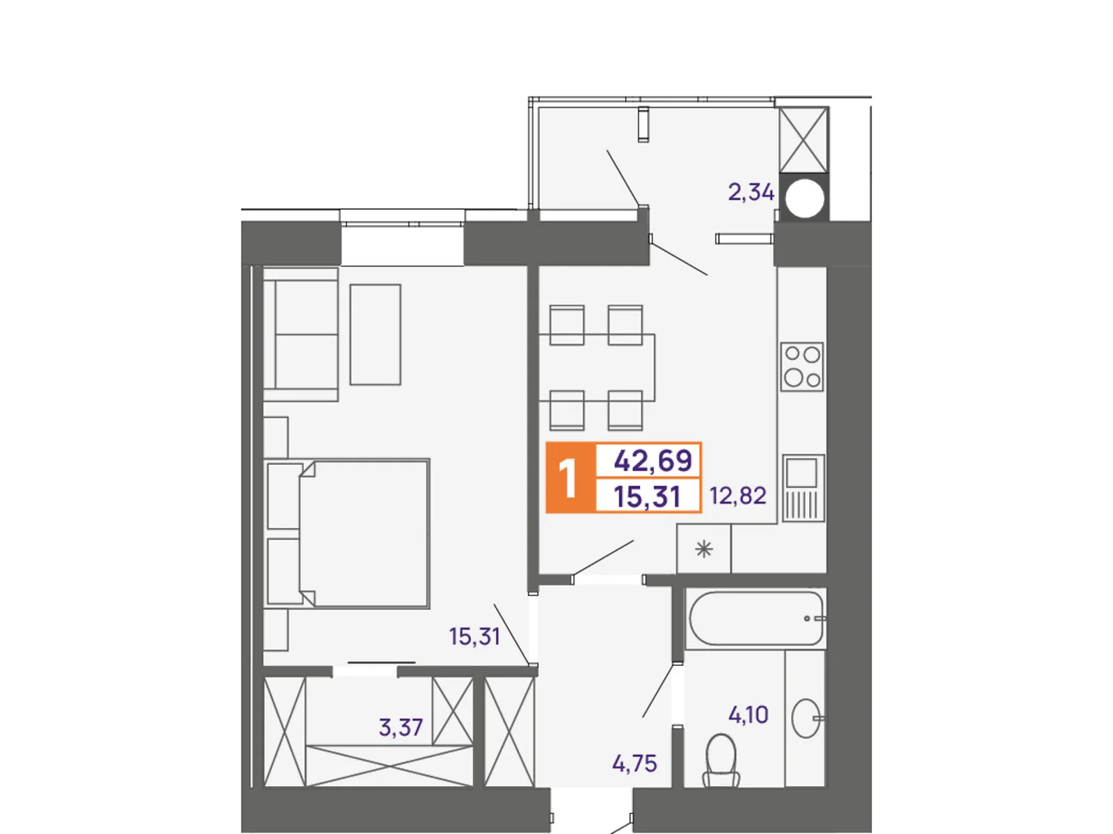 Продается 1-комнатная квартира 42.69 кв. м в Хмельницком, ул. Тернопольская, 13 - фото 1