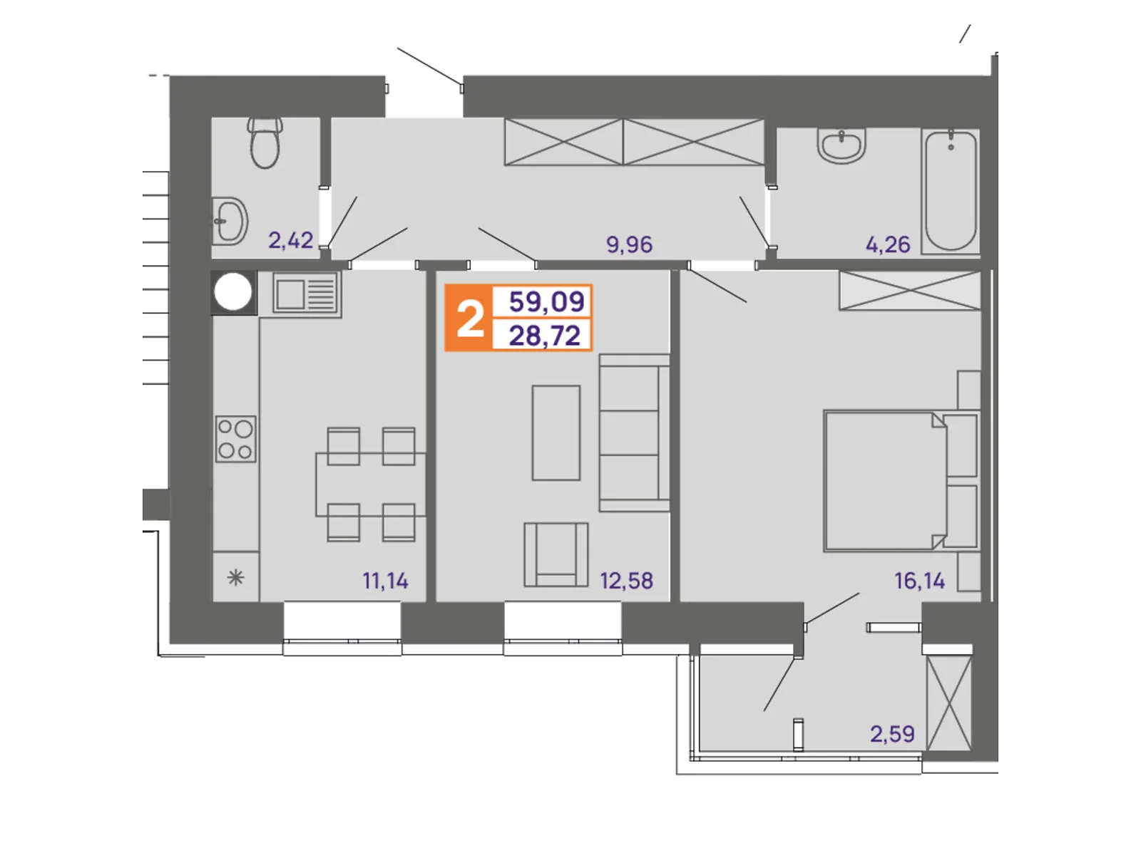 Продается 2-комнатная квартира 59.09 кв. м в Хмельницком, ул. Тернопольская, 13