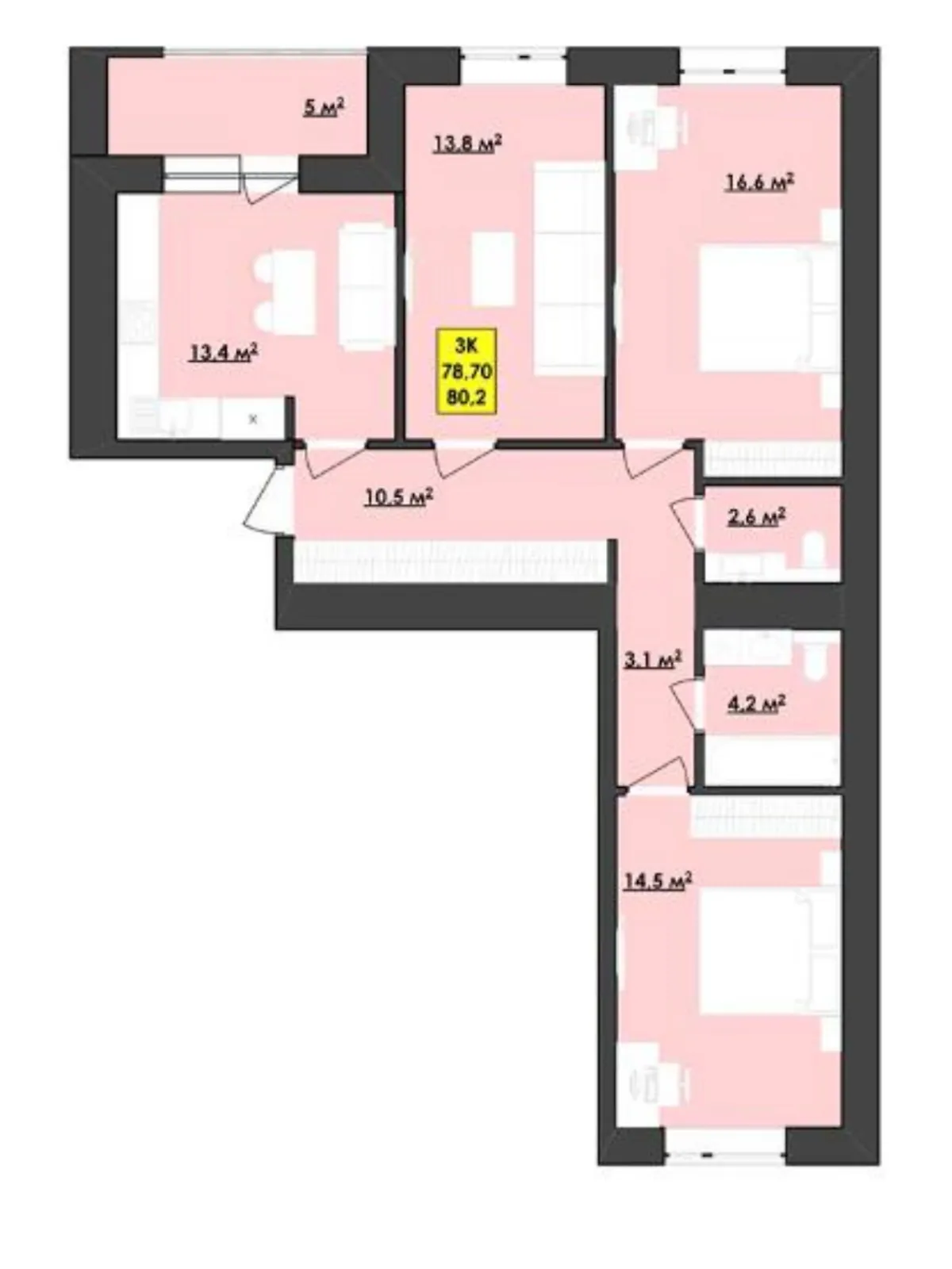 Продается 3-комнатная квартира 80.2 кв. м в Калуше - фото 2