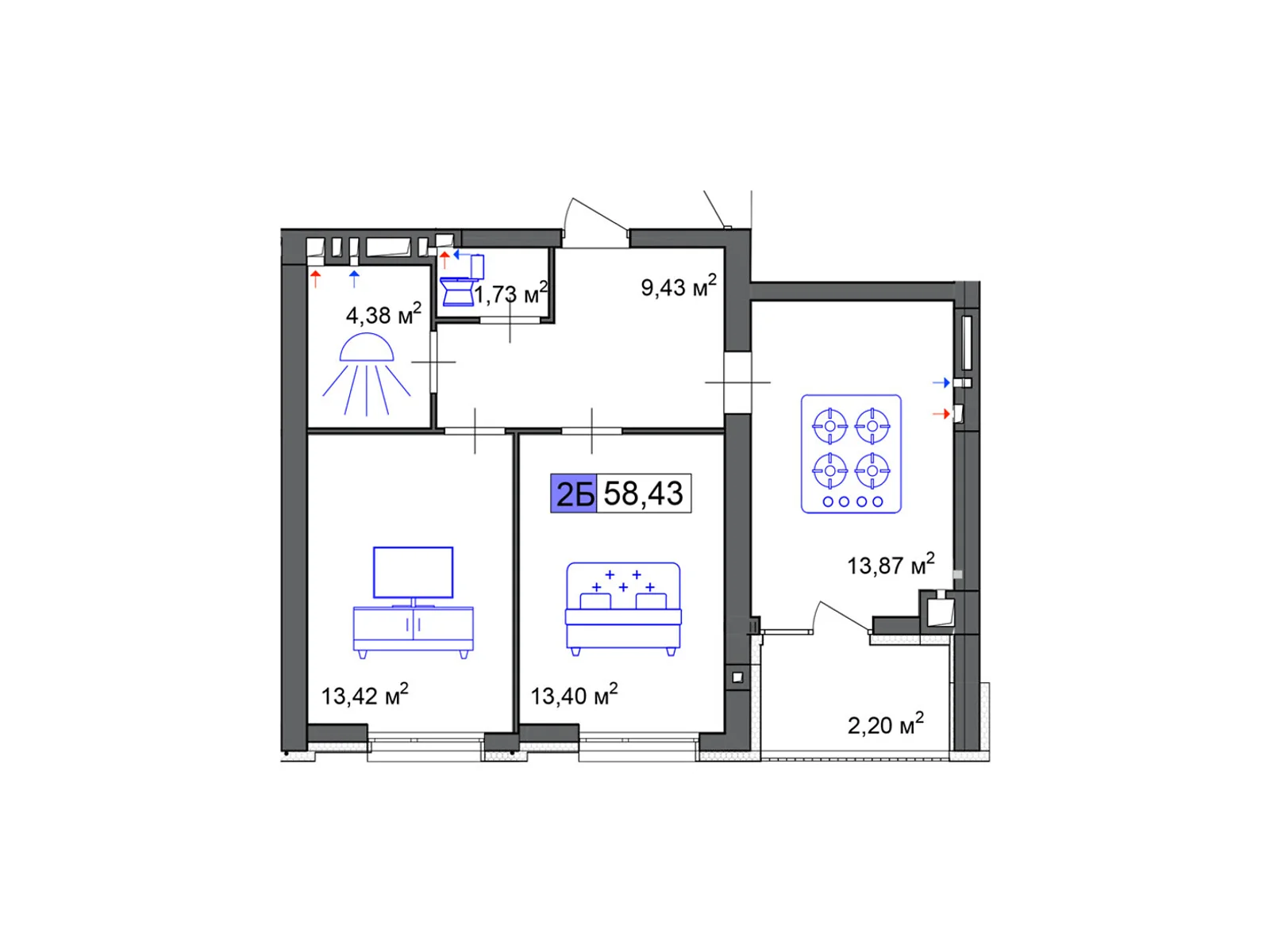 Продається 2-кімнатна квартира 58.43 кв. м у Черкасах, цена: 43823 $