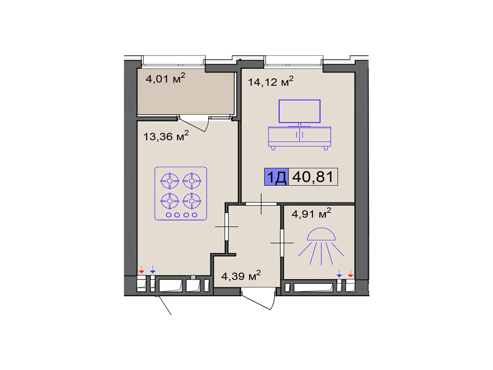 Продается 1-комнатная квартира 40.81 кв. м в Черкассах, цена: 30608 $