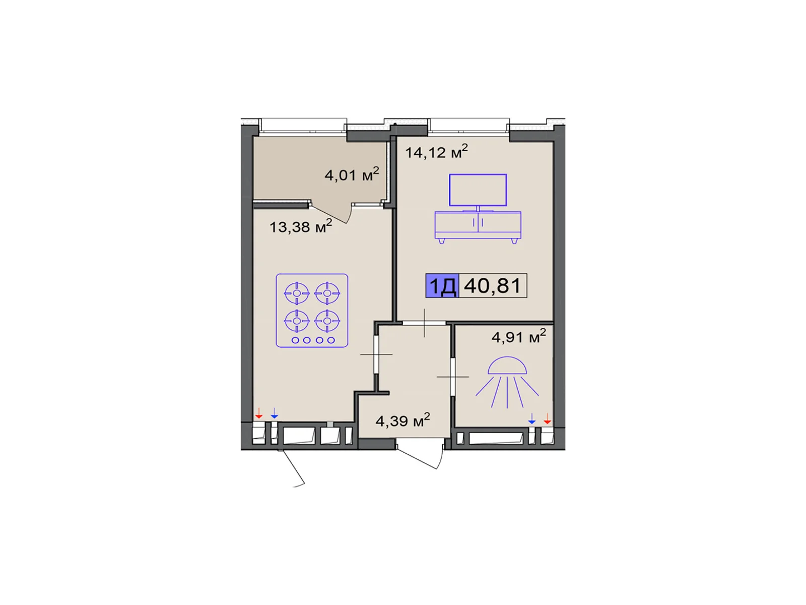 Продается 1-комнатная квартира 40.81 кв. м в Черкассах, цена: 30608 $