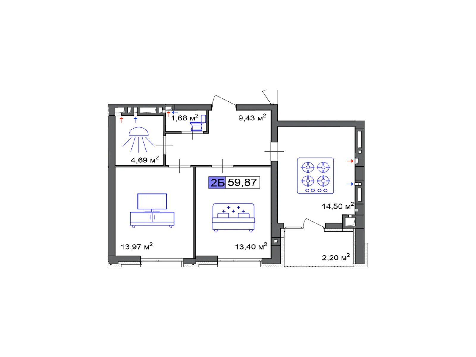 Продається 2-кімнатна квартира 59.87 кв. м у Черкасах, цена: 44903 $