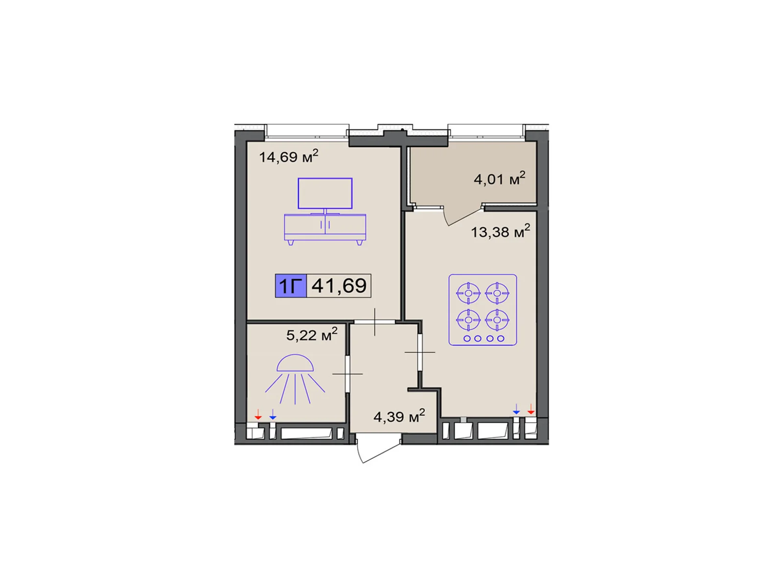 Продается 1-комнатная квартира 41.69 кв. м в Черкассах, цена: 31268 $ - фото 1