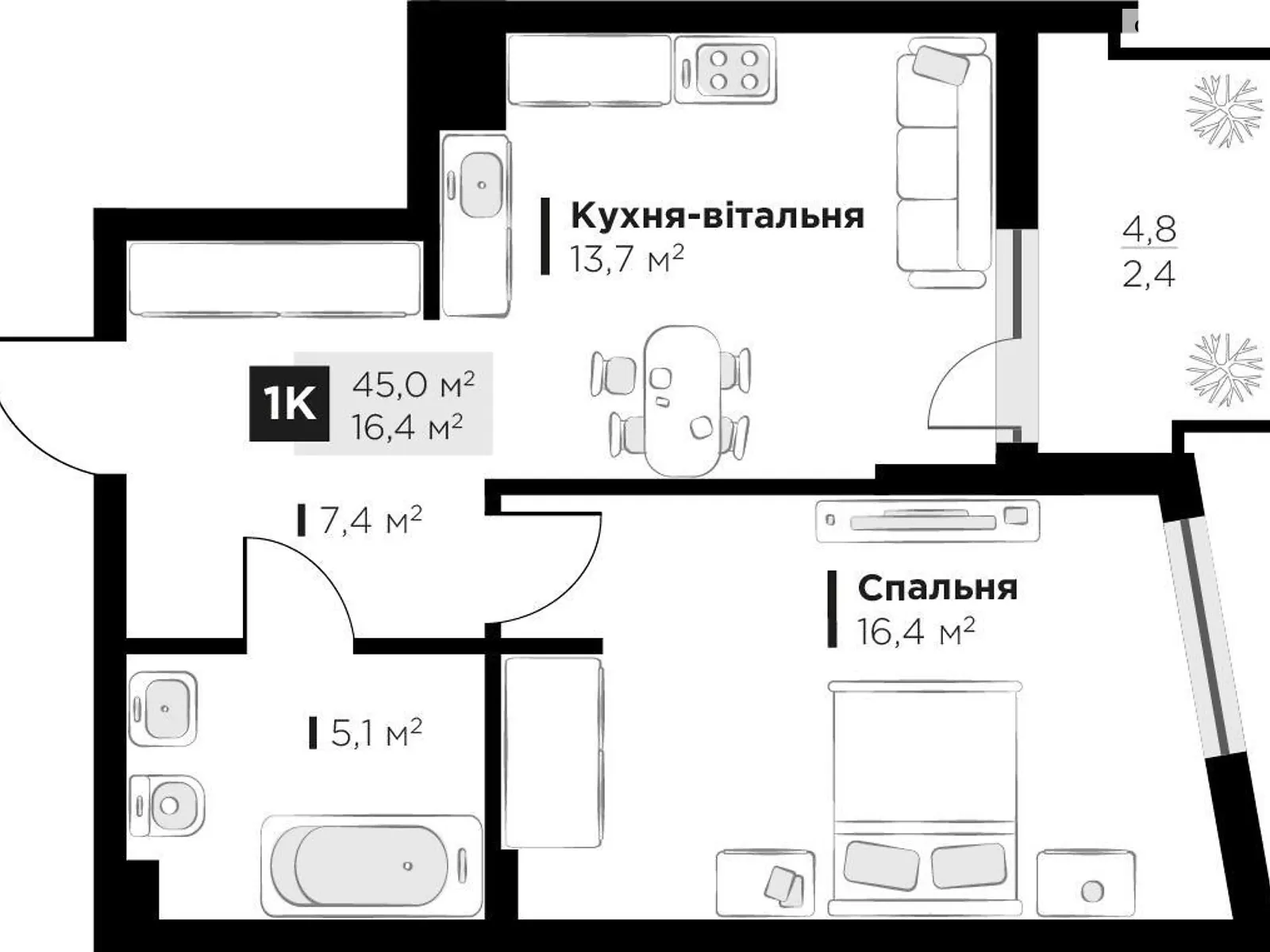 Продається 1-кімнатна квартира 45 кв. м у Сокільниках, вул. бічна Стрийська