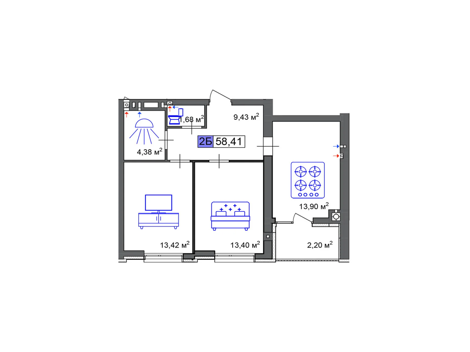 Продается 2-комнатная квартира 58.41 кв. м в Черкассах, цена: 43808 $