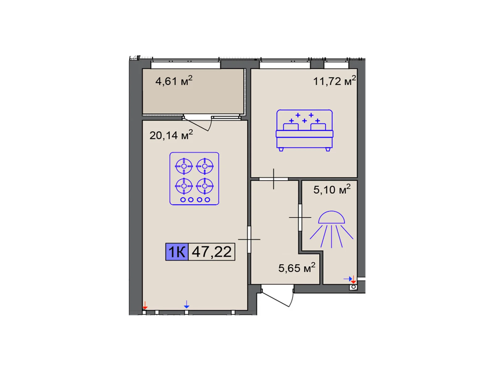 Продается 1-комнатная квартира 47.22 кв. м в Черкассах, цена: 35415 $