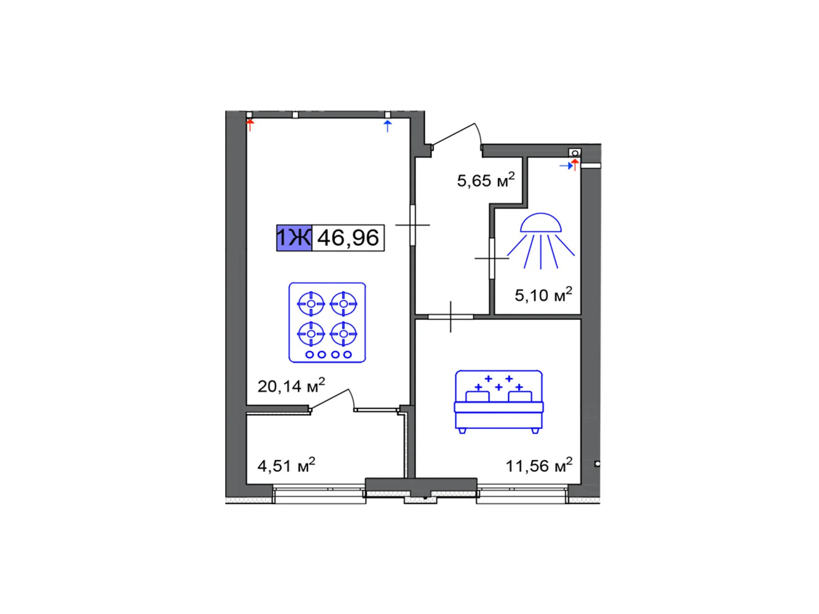 Продається 1-кімнатна квартира 49.96 кв. м у Черкасах - фото 1