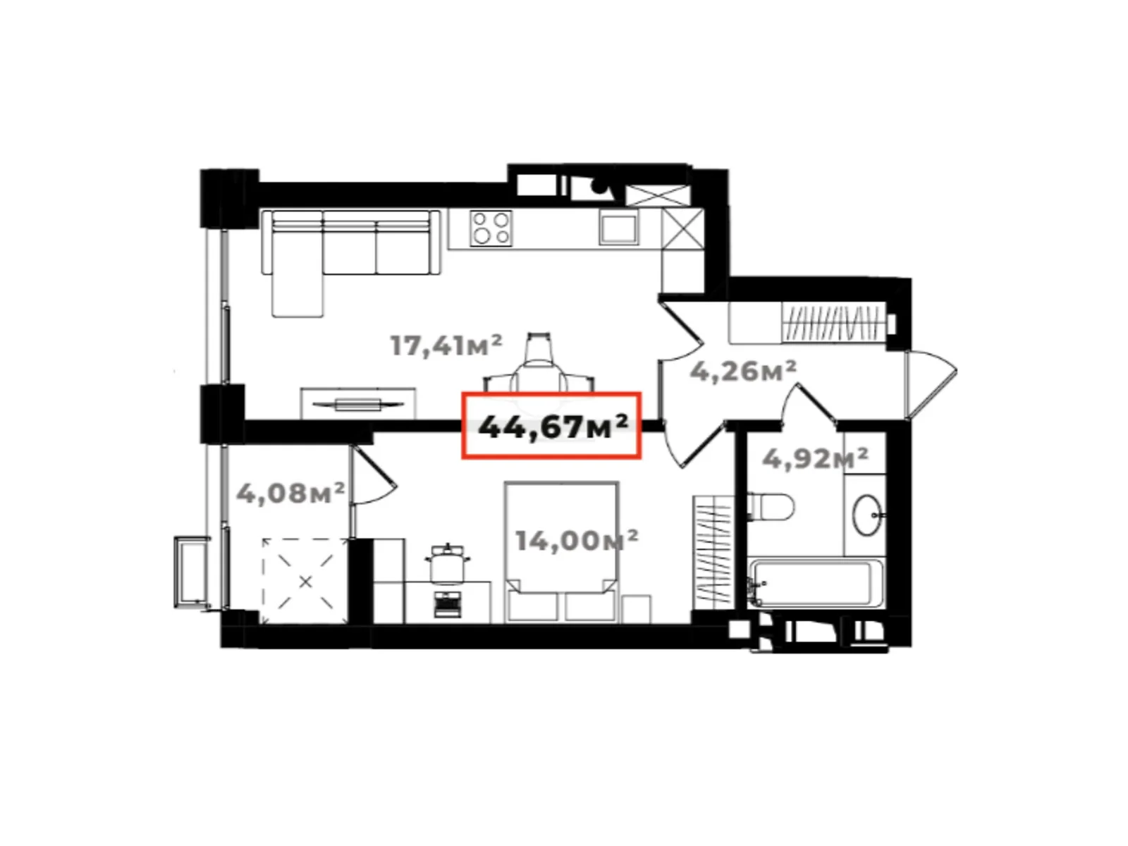 Продається 1-кімнатна квартира 44.67 кв. м у Івано-Франківську