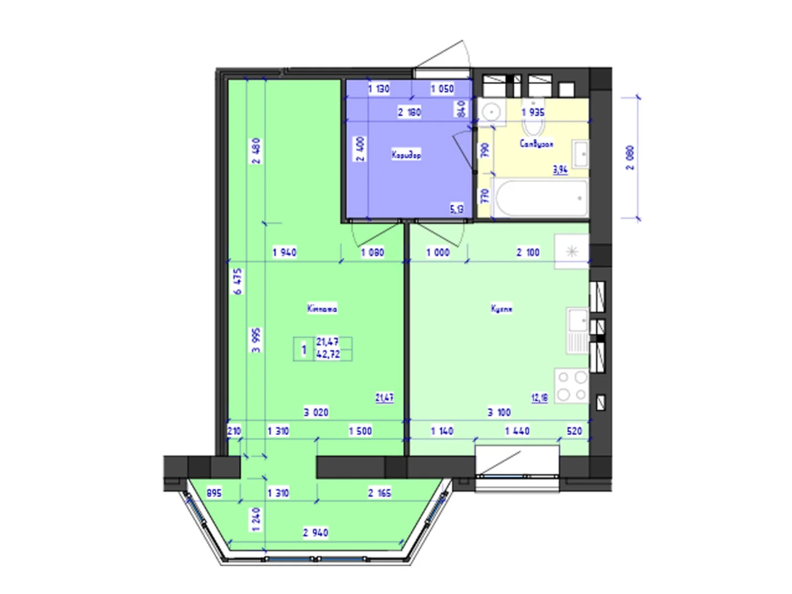 Продается 1-комнатная квартира 42.72 кв. м в Черноморске, ул. Парковая, 30 - фото 1