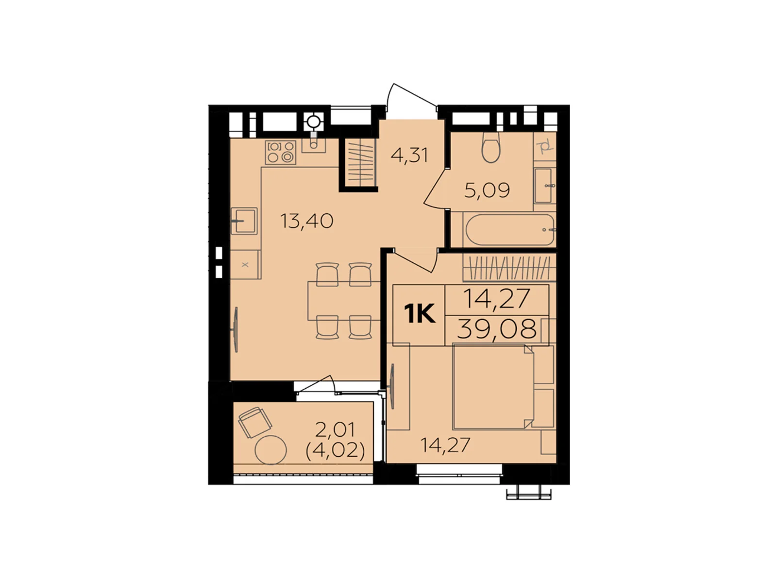 Продается 1-комнатная квартира 39.08 кв. м в Винницких Хуторах