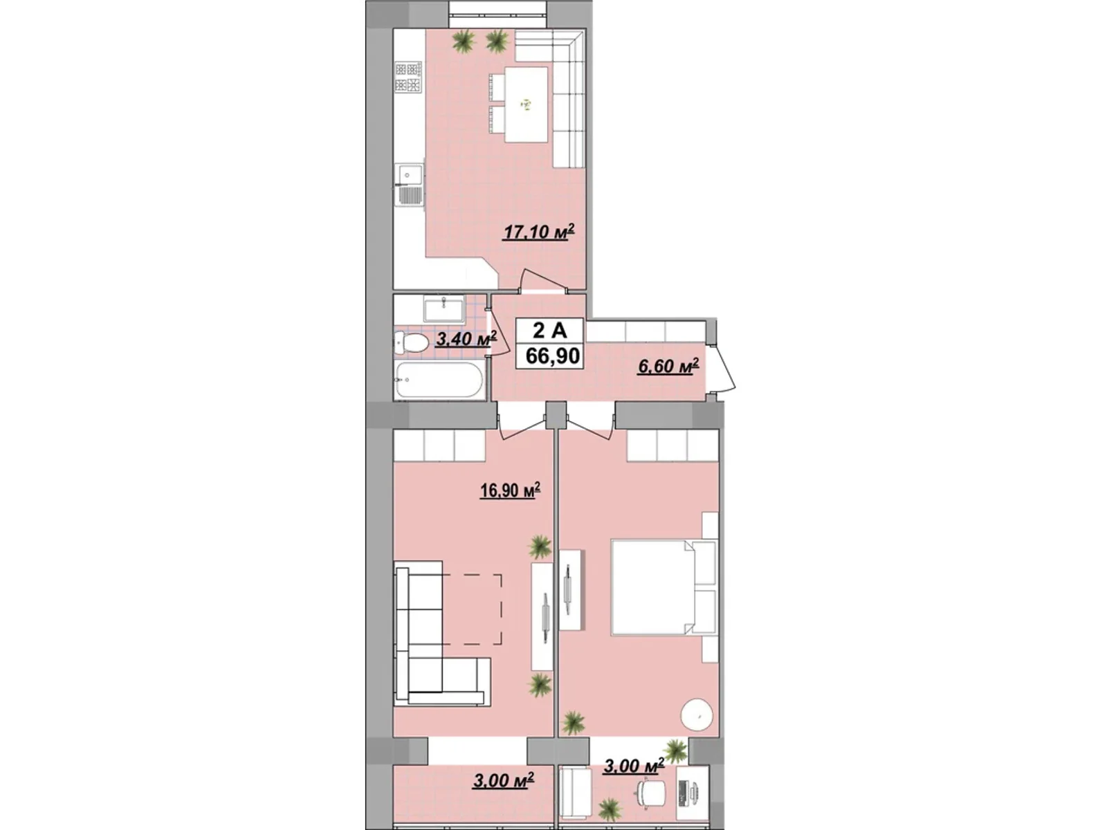 Продается 2-комнатная квартира 66.9 кв. м в Ивано-Франковске, ул. Княгинин, 44