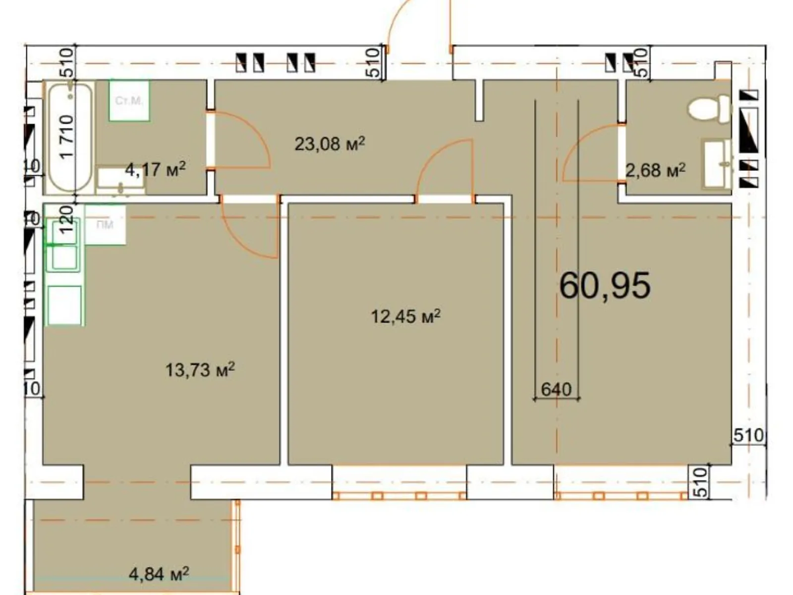 Продается 2-комнатная квартира 60.95 кв. м в Калуше, ул. Малицкой - фото 1