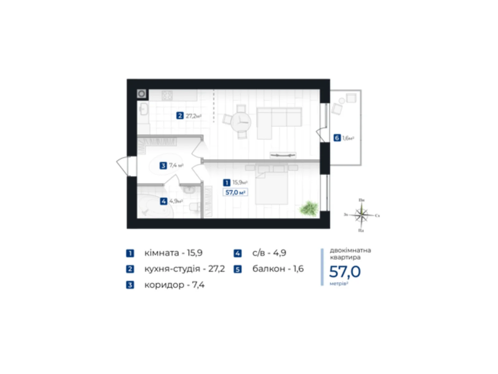 Продается 2-комнатная квартира 57 кв. м в Ивано-Франковске, цена: 48450 $