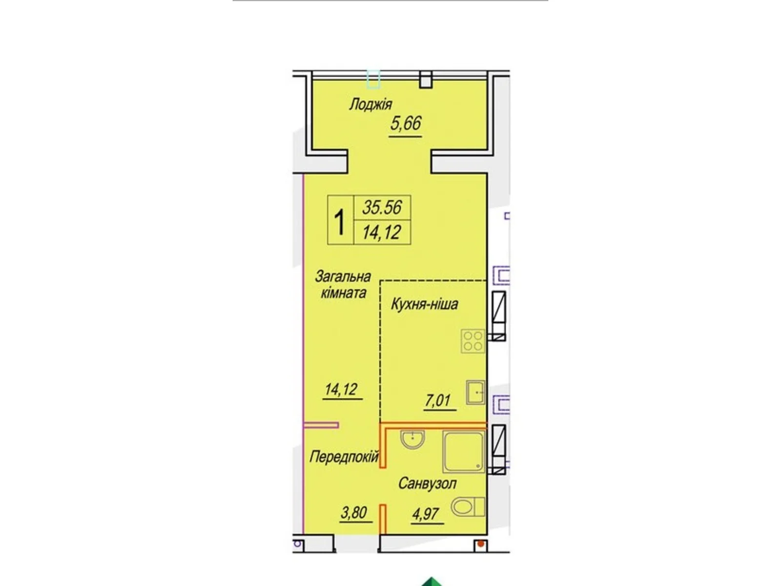Продається 1-кімнатна квартира 35.56 кв. м у Житомирі, цена: 28606 $
