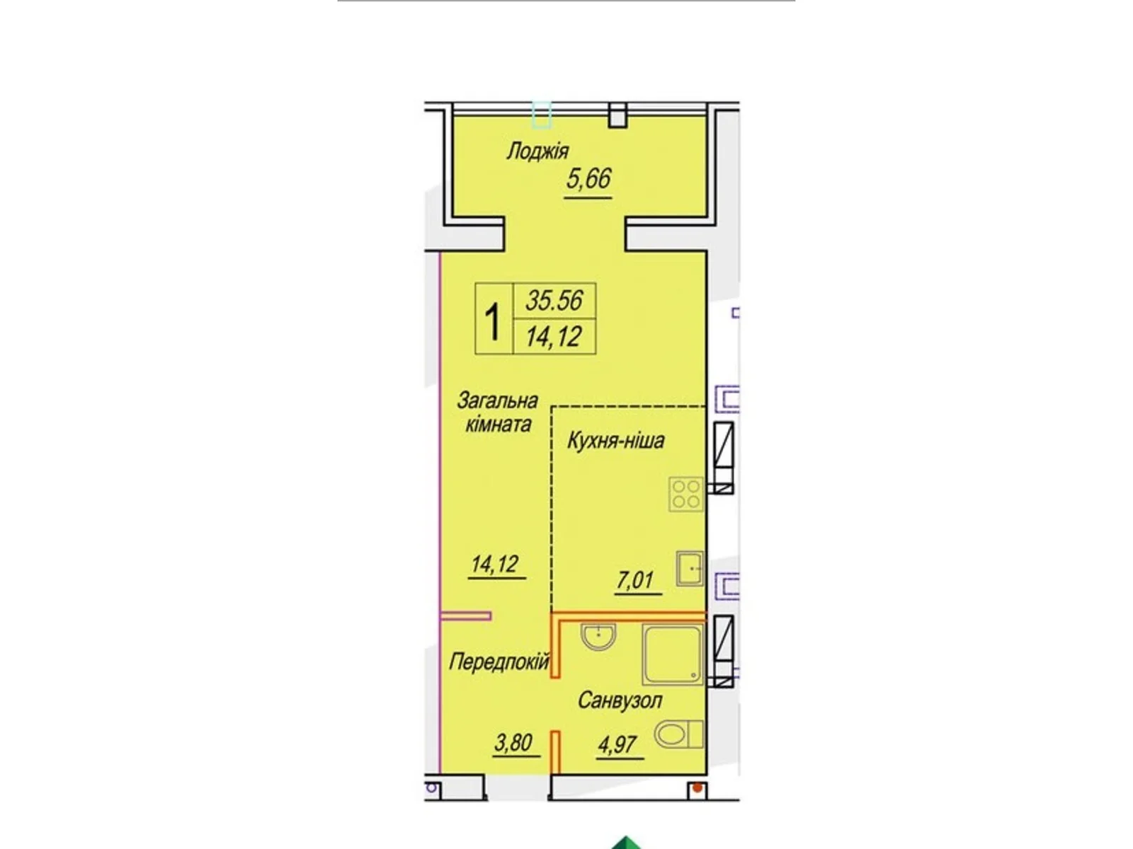 Продается 1-комнатная квартира 35.56 кв. м в Житомире - фото 1