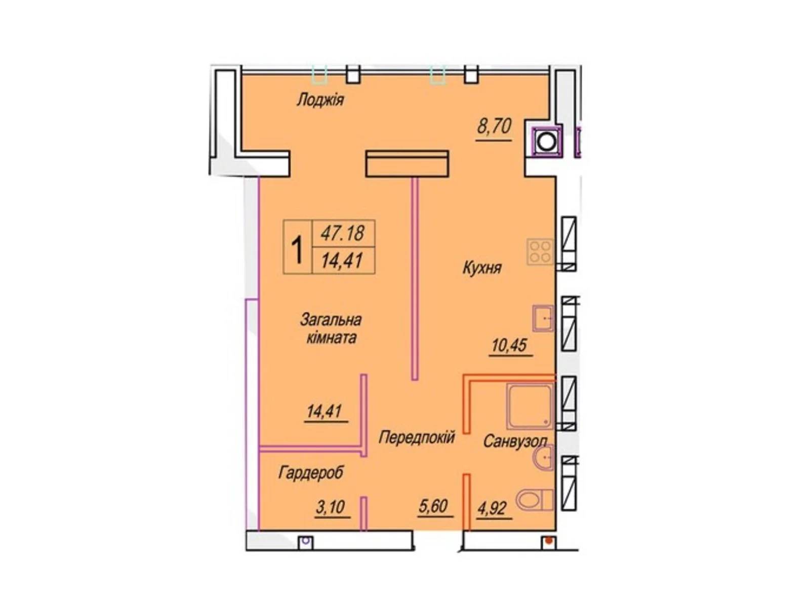 Продается 1-комнатная квартира 47.18 кв. м в Житомире, ул. Михаила Грушевского, 100