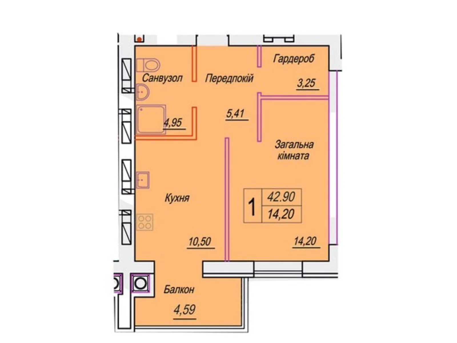 Продается 1-комнатная квартира 42.9 кв. м в Житомире, ул. Михаила Грушевского, 100 - фото 1