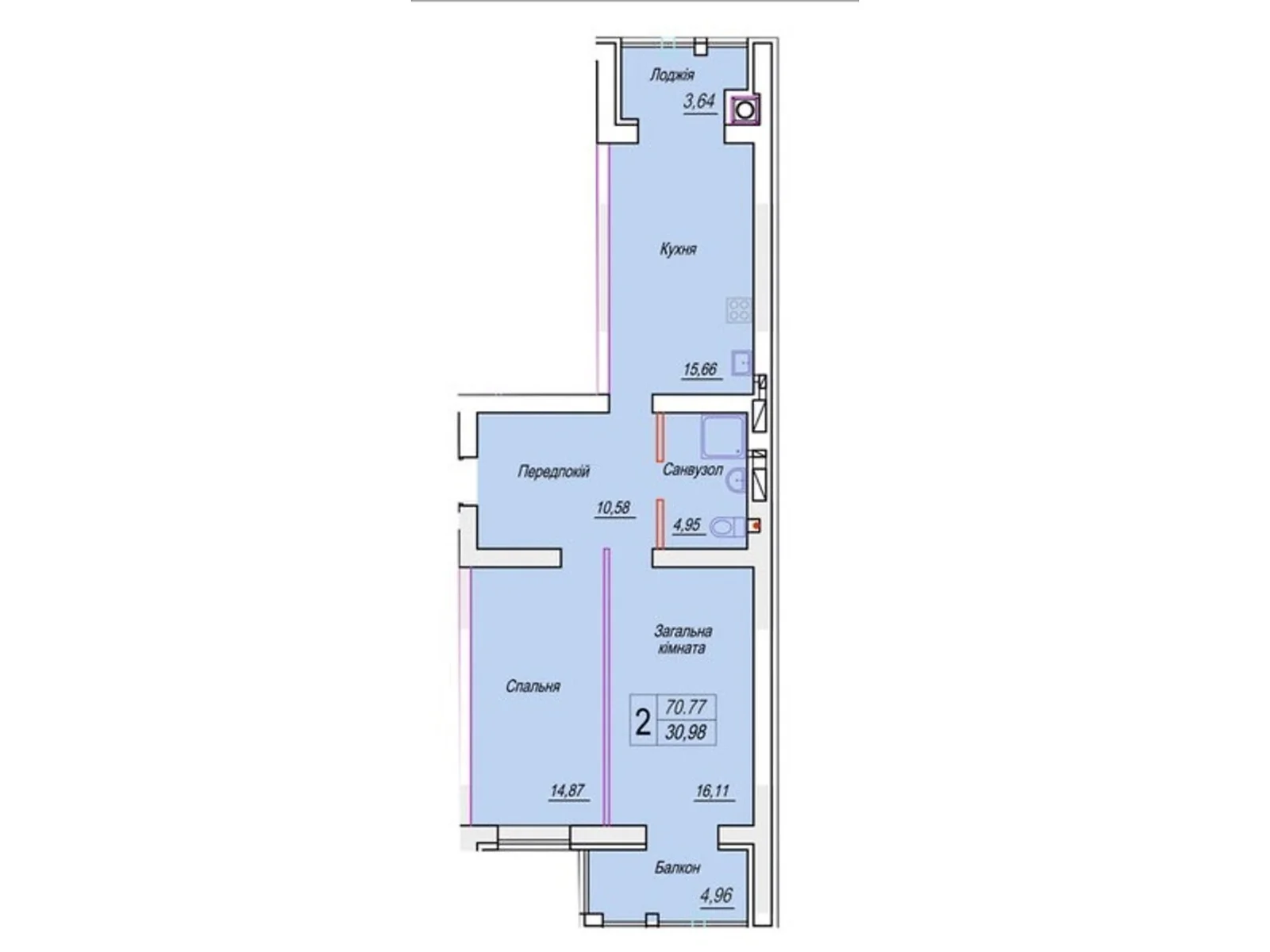 Продается 2-комнатная квартира 70.77 кв. м в Житомире