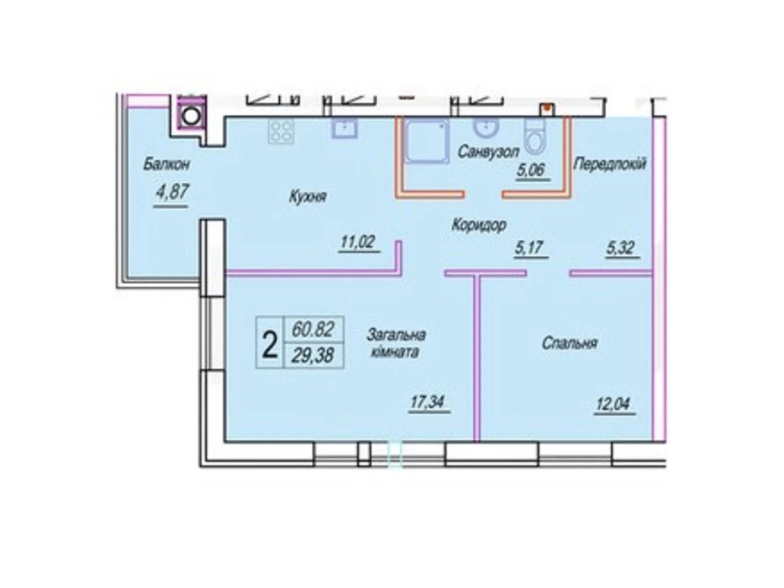 Продається 2-кімнатна квартира 60.82 кв. м у Житомирі, цена: 46728 $ - фото 1