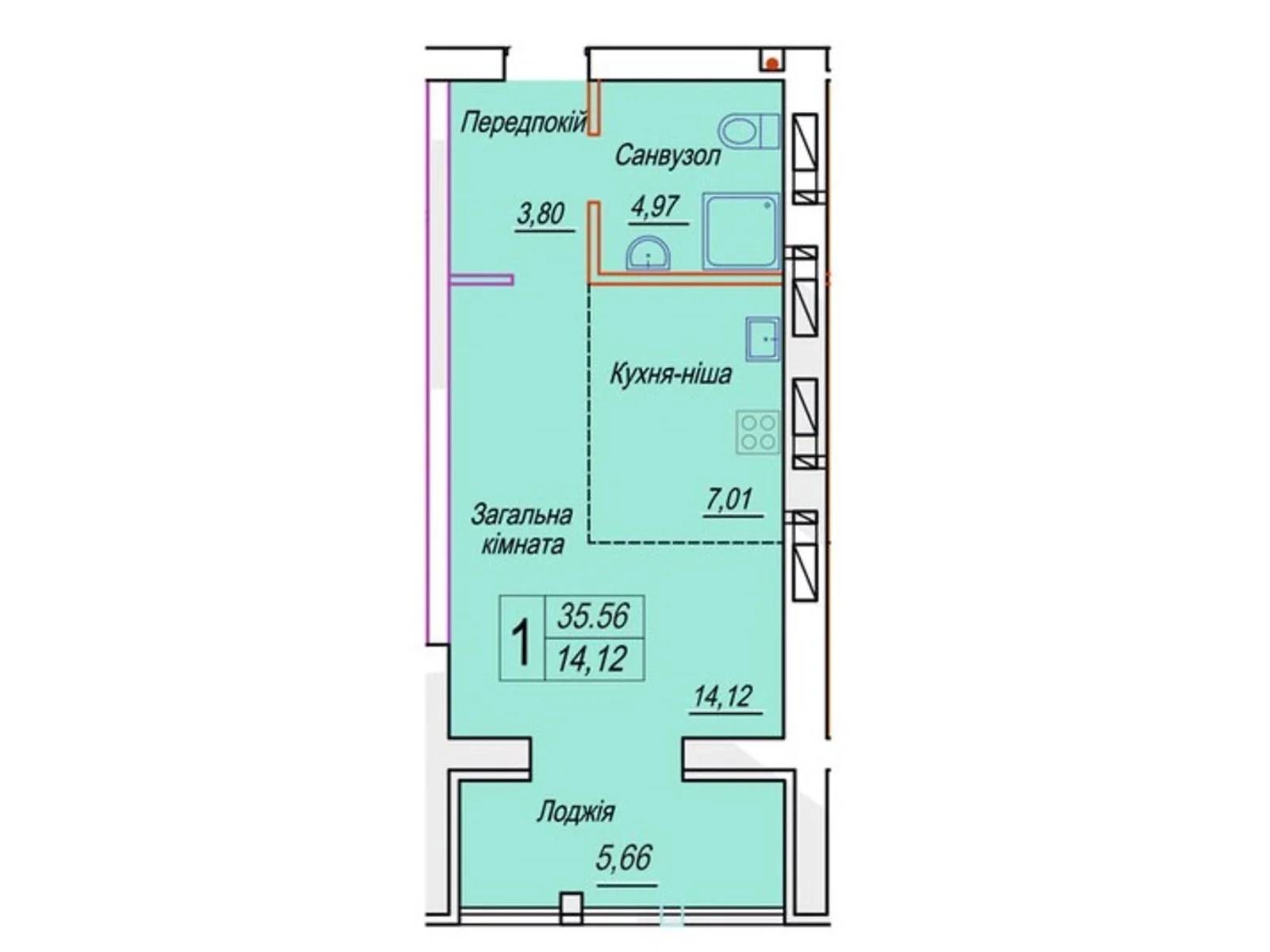 Продается 1-комнатная квартира 35.56 кв. м в Житомире, ул. Михаила Грушевского, 100 - фото 1