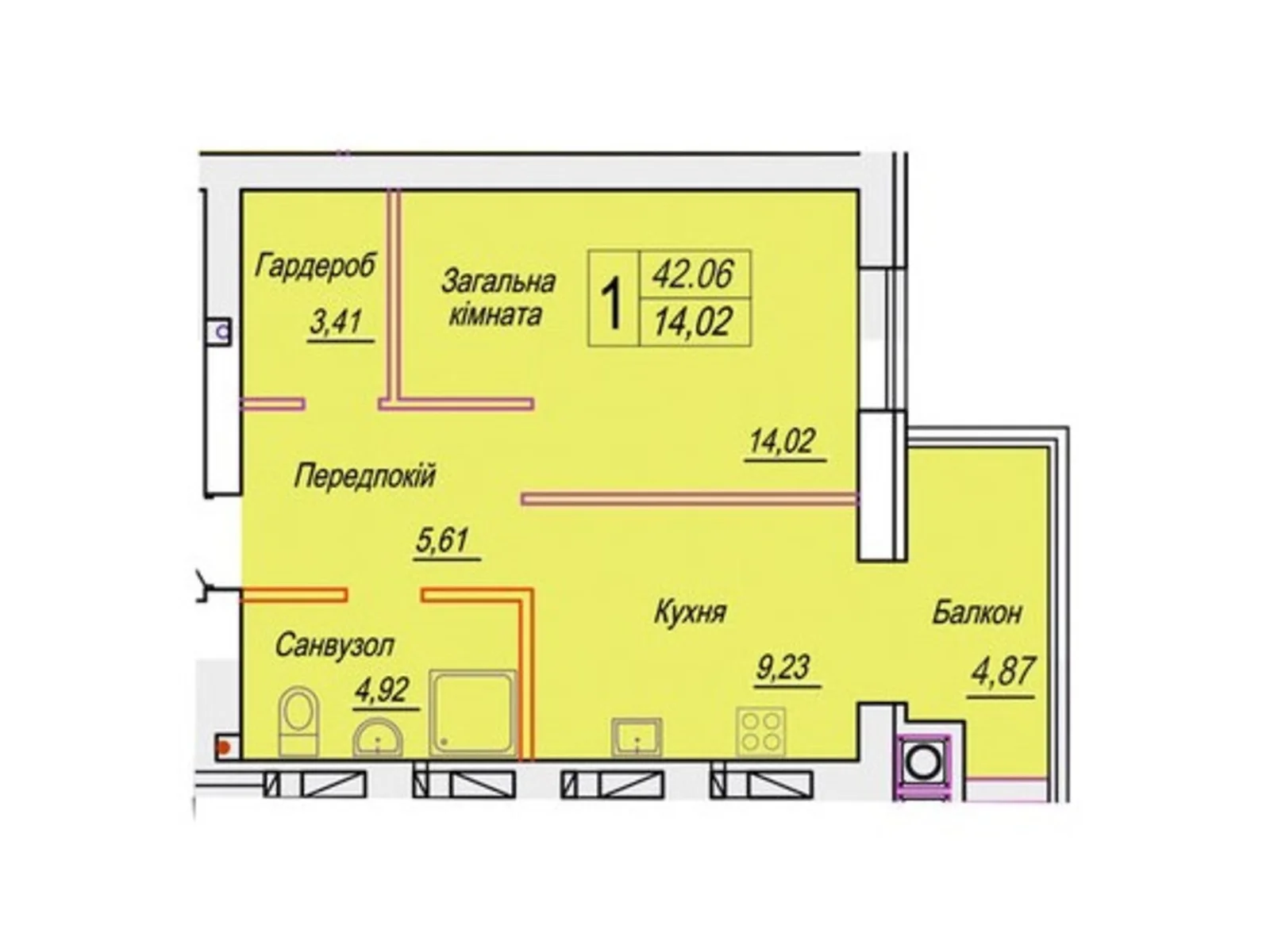 Продается 1-комнатная квартира 42.06 кв. м в Житомире - фото 1