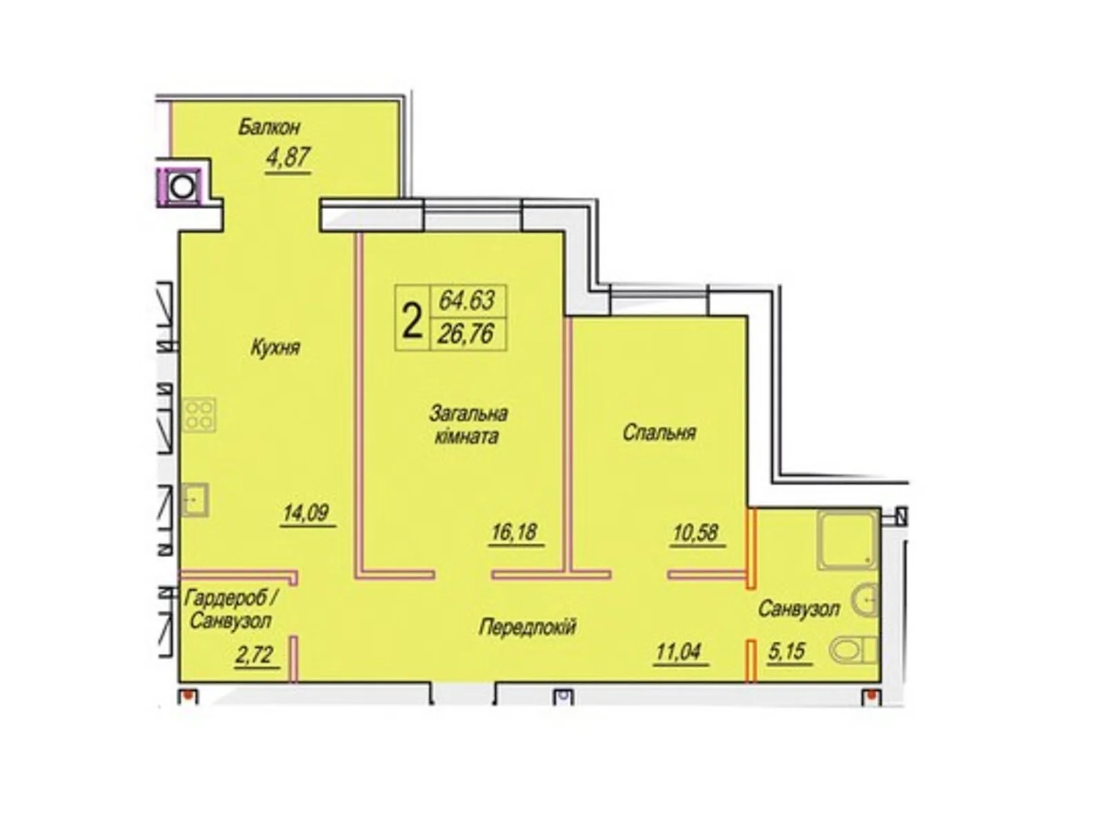 Продается 2-комнатная квартира 64.63 кв. м в Житомире, цена: 49534 $ - фото 1