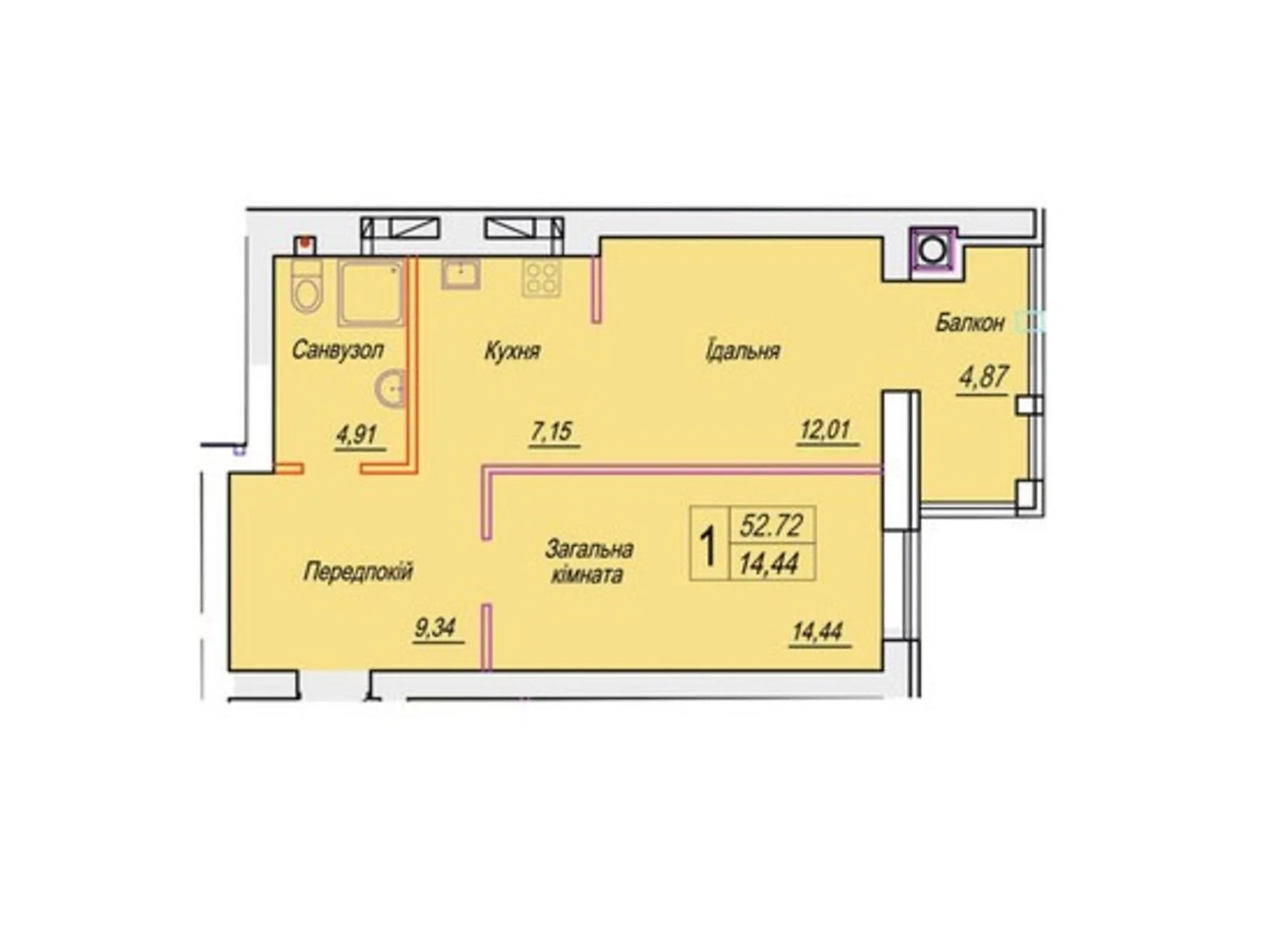 Продается 1-комнатная квартира 52.72 кв. м в Житомире, ул. Михаила Грушевского, 100 - фото 1