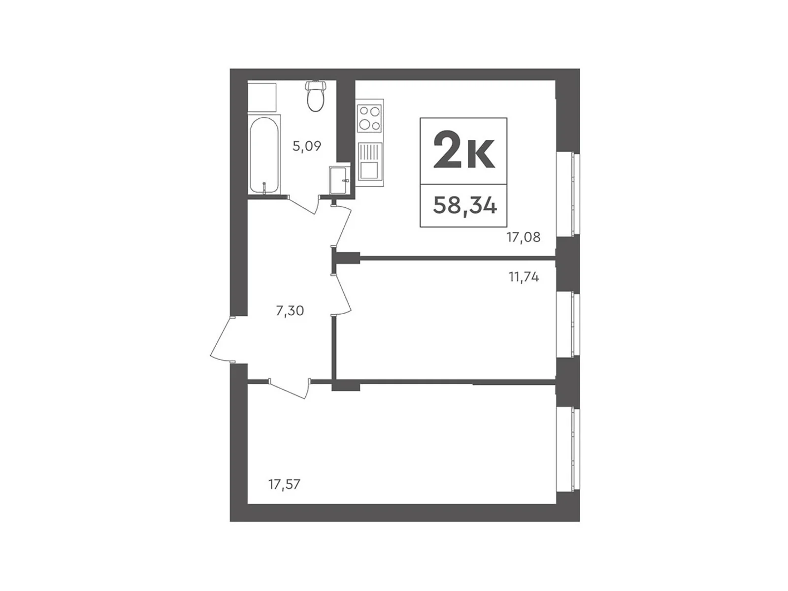 Продається 2-кімнатна квартира 58.34 кв. м у Броварах, вул. Анатолія Луценко, 27