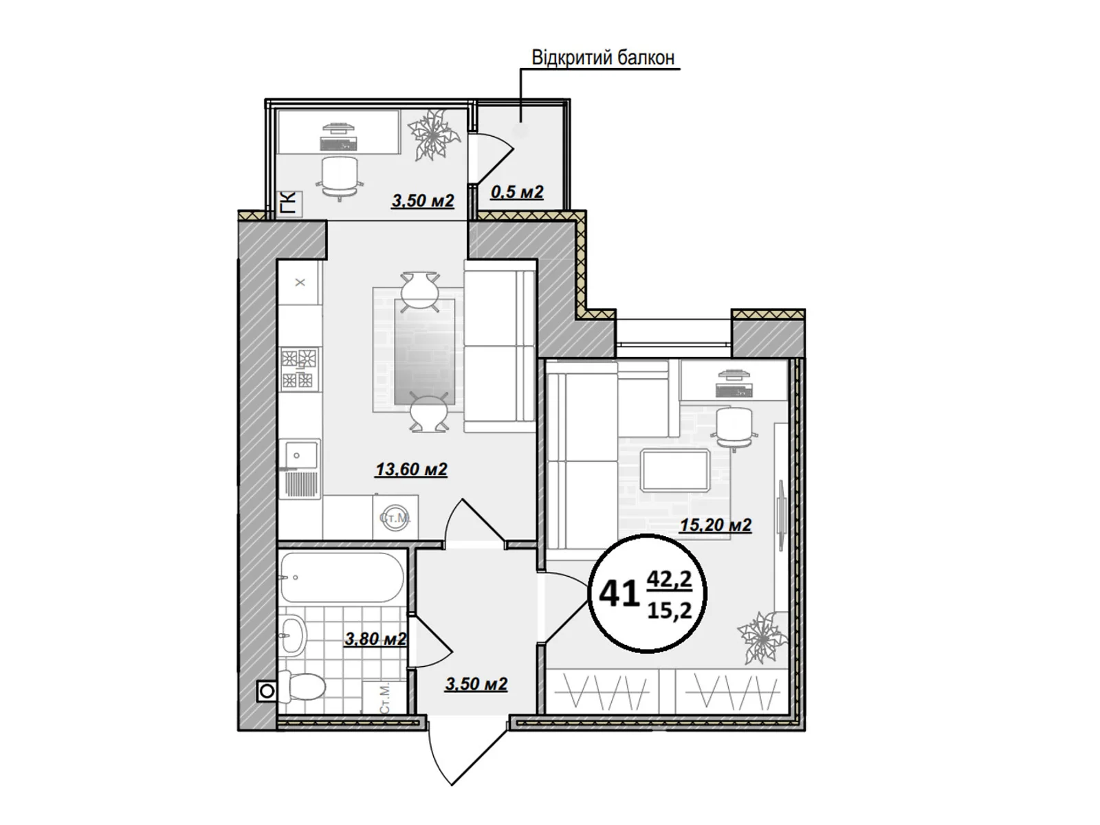 Продается 1-комнатная квартира 42.2 кв. м в Виннице