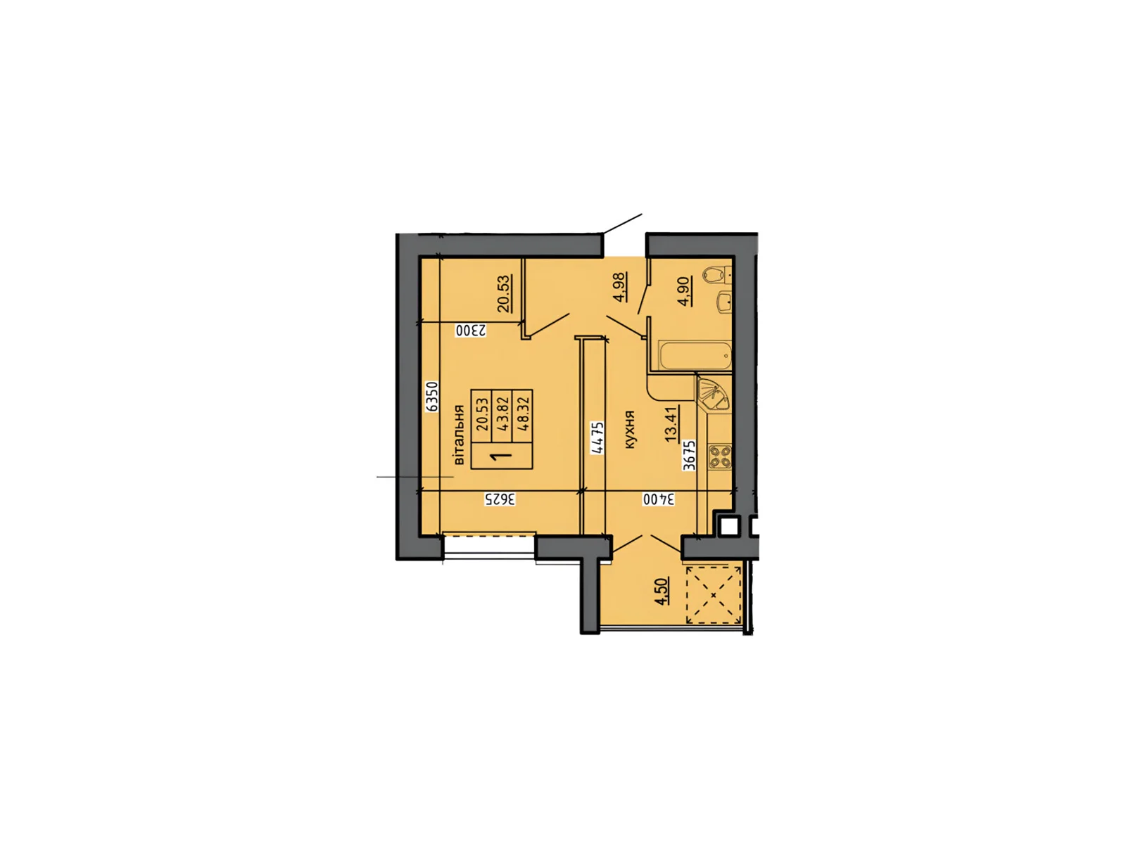 Продается 1-комнатная квартира 48.32 кв. м в Байковцах, цена: 25013 $ - фото 1