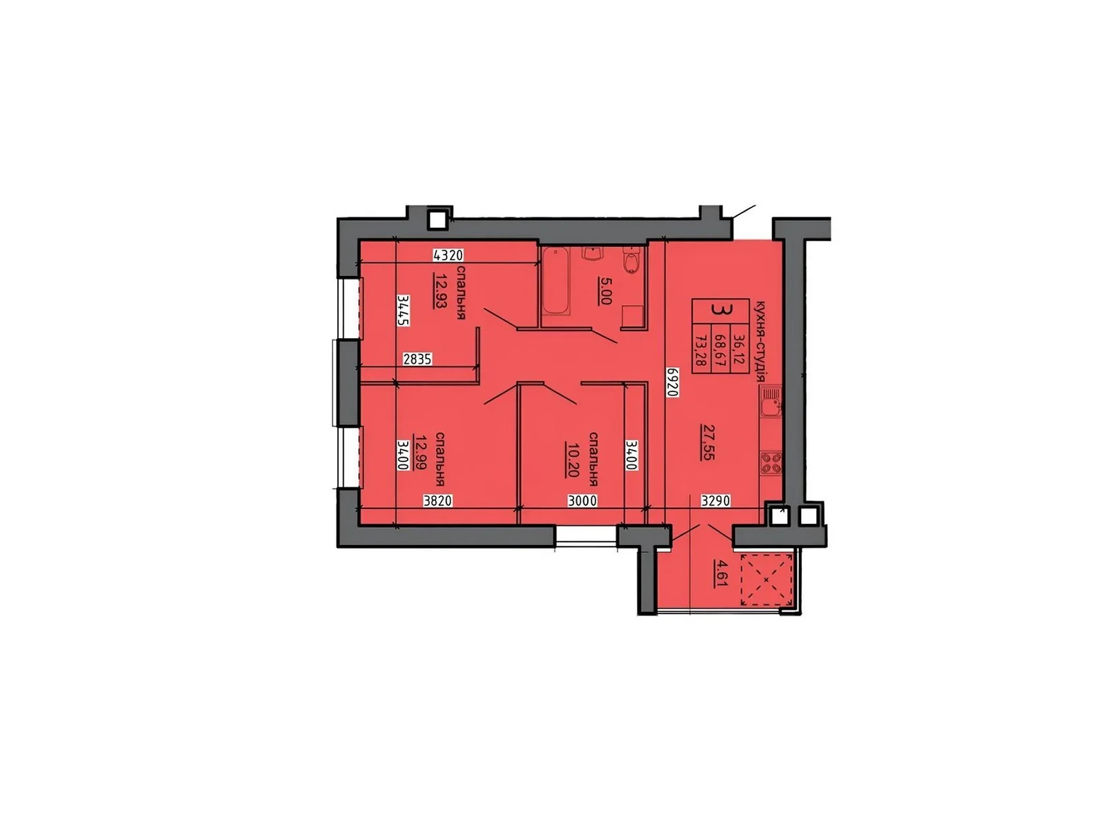 Продается 3-комнатная квартира 73.28 кв. м в Байковцах - фото 1