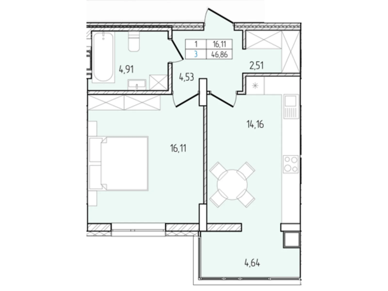 Продается 1-комнатная квартира 46.86 кв. м в Хмельницком, просп. Мира, 99/8А