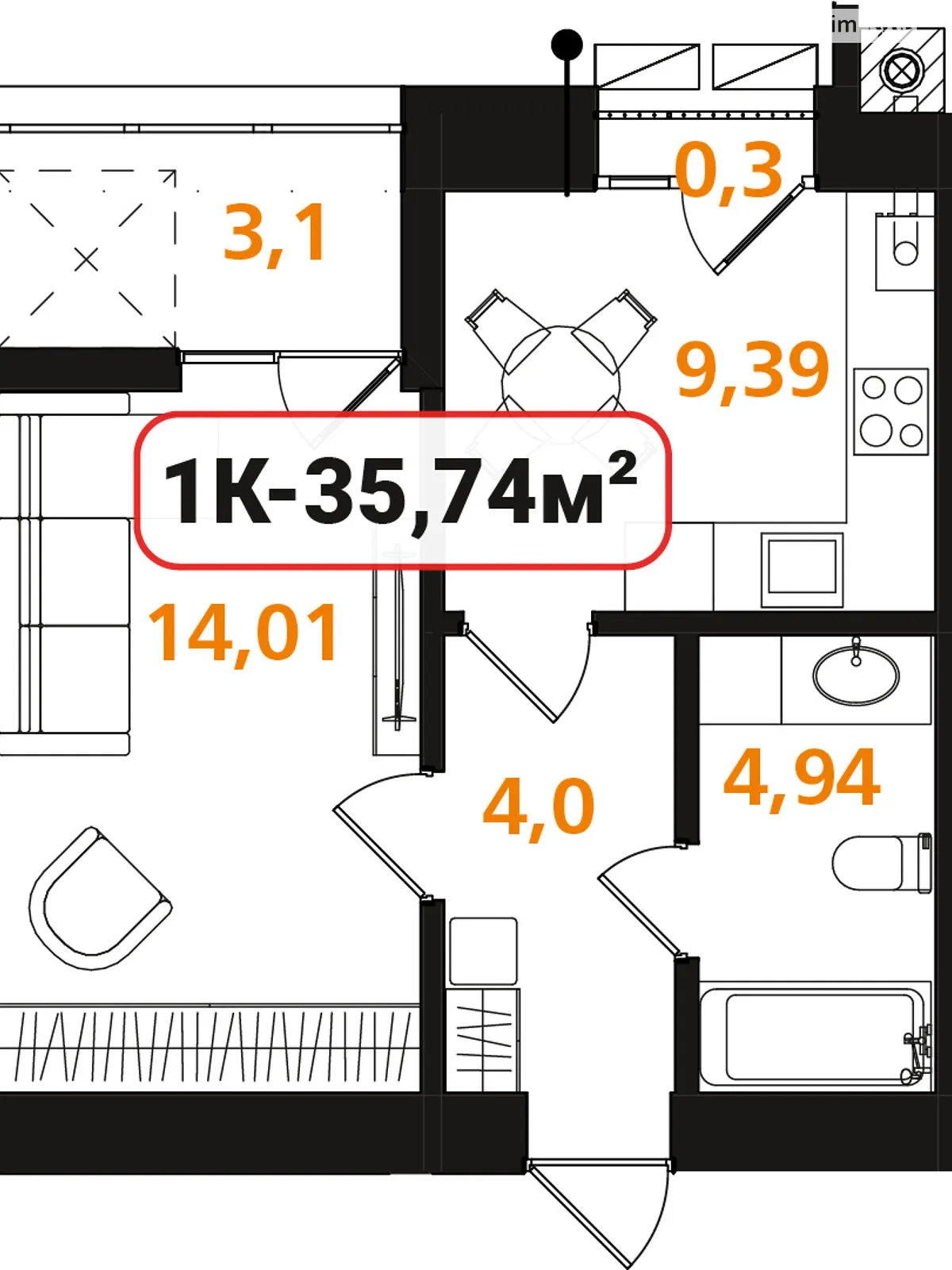 Продається 1-кімнатна квартира 35.74 кв. м у Івано-Франківську, цена: 23588 $ - фото 1