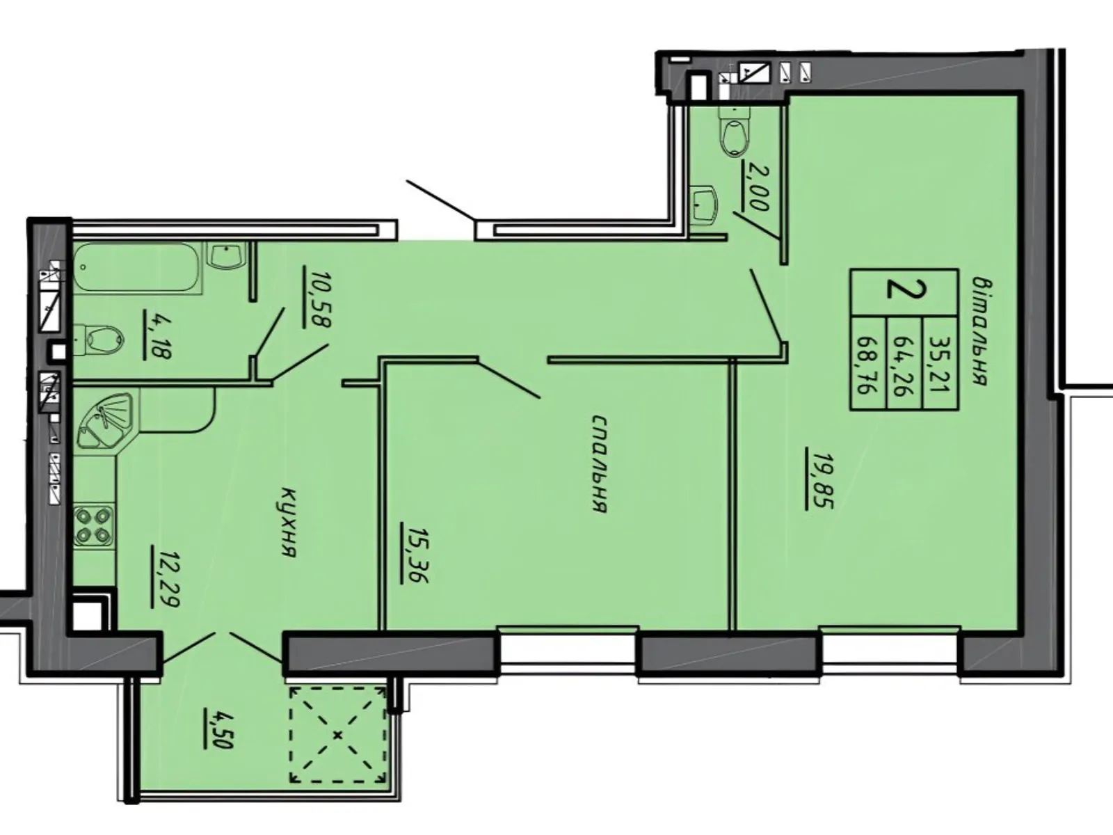 Продается 2-комнатная квартира 68.76 кв. м в Байковцах - фото 1