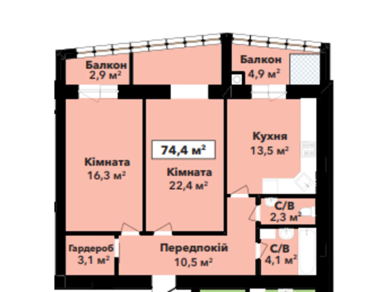 Продается 2-комнатная квартира 79.41 кв. м в Хмельницком, ул. Довженко, 4 - фото 1